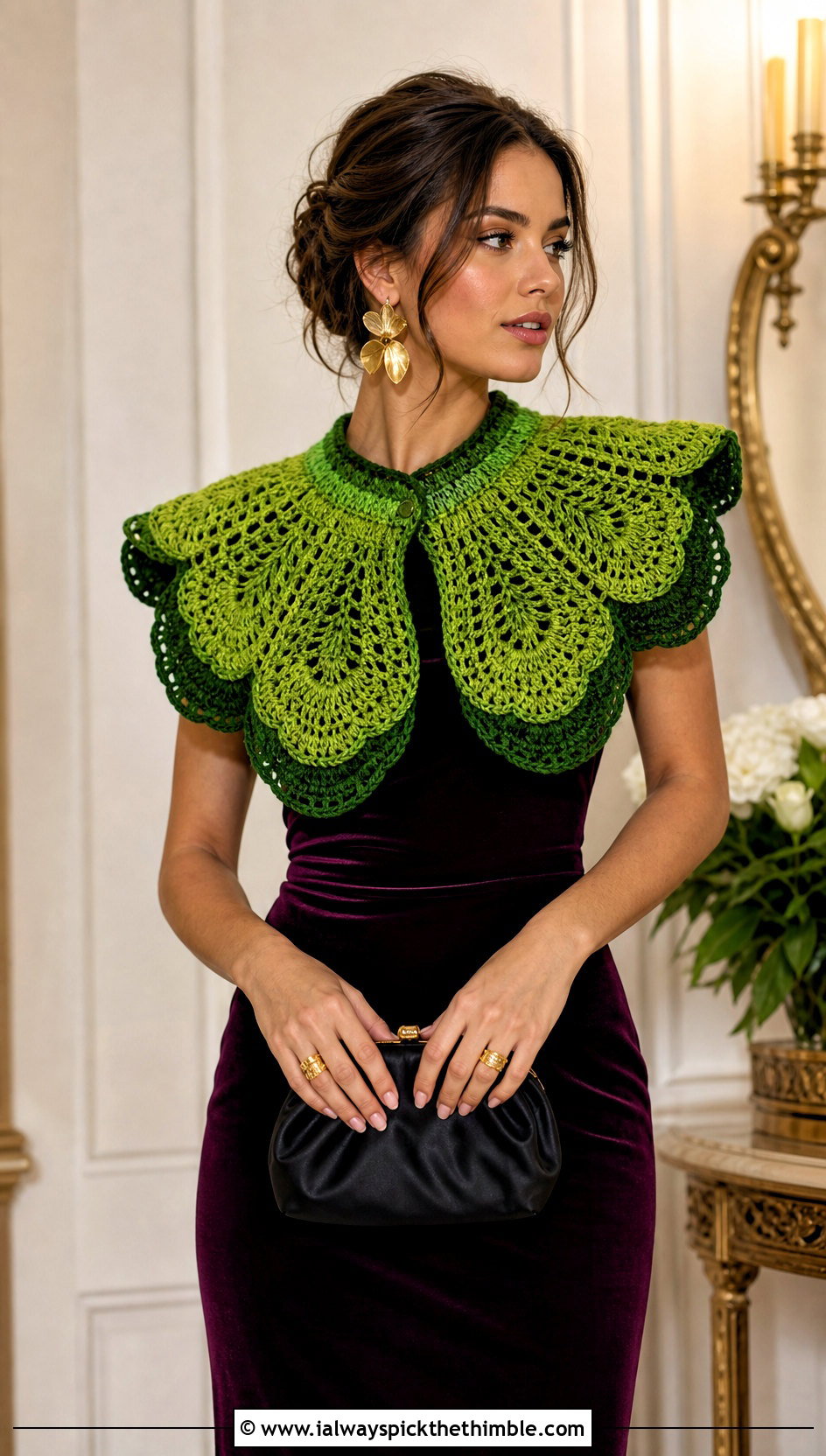 Green Oversized Crochet Collar With Velvet Dress - 15 Green Crochet Collar outfit ideas