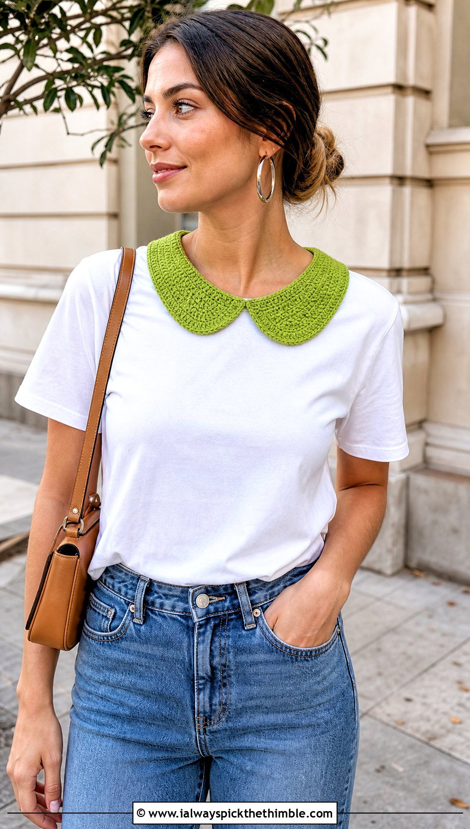Green Peter Pan Crochet Collar With T Shirt And Jeans - 15 Green Crochet Collar outfit ideas