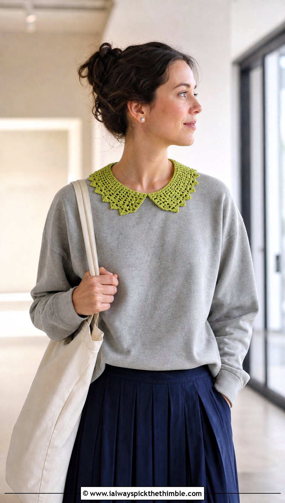 Green Picot Crochet Collar With Sweatshirt And Pleated Skirt - 15 Green Crochet Collar outfit ideas