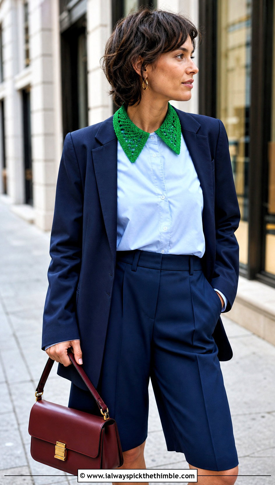 Green Pointed Crochet Collar With Blazer And Bermuda Shorts - 15 Green Crochet Collar outfit ideas