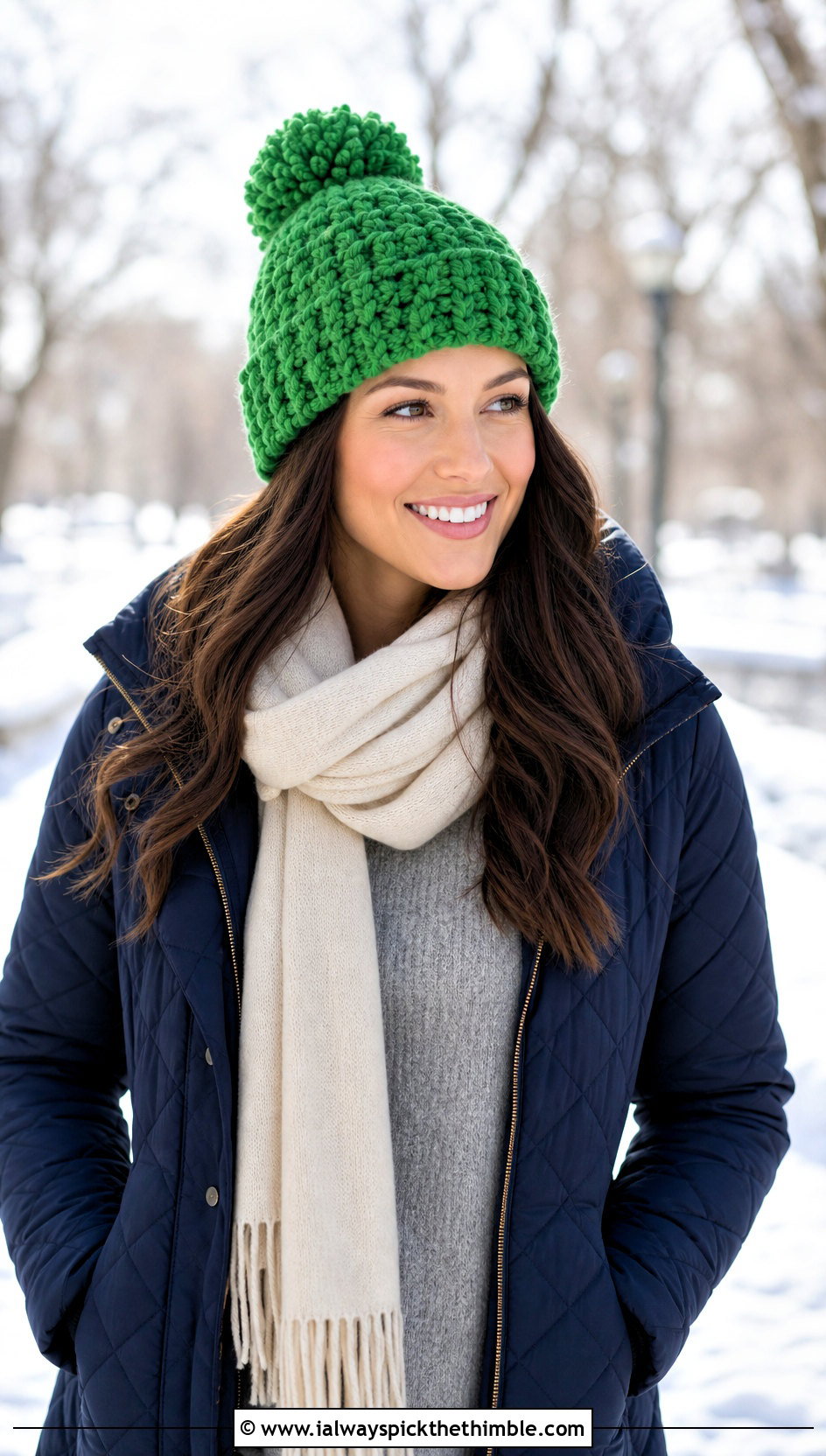 Green Pom Pom Beanie With Quilted Coat - 25 green crochet hat outfit ideas