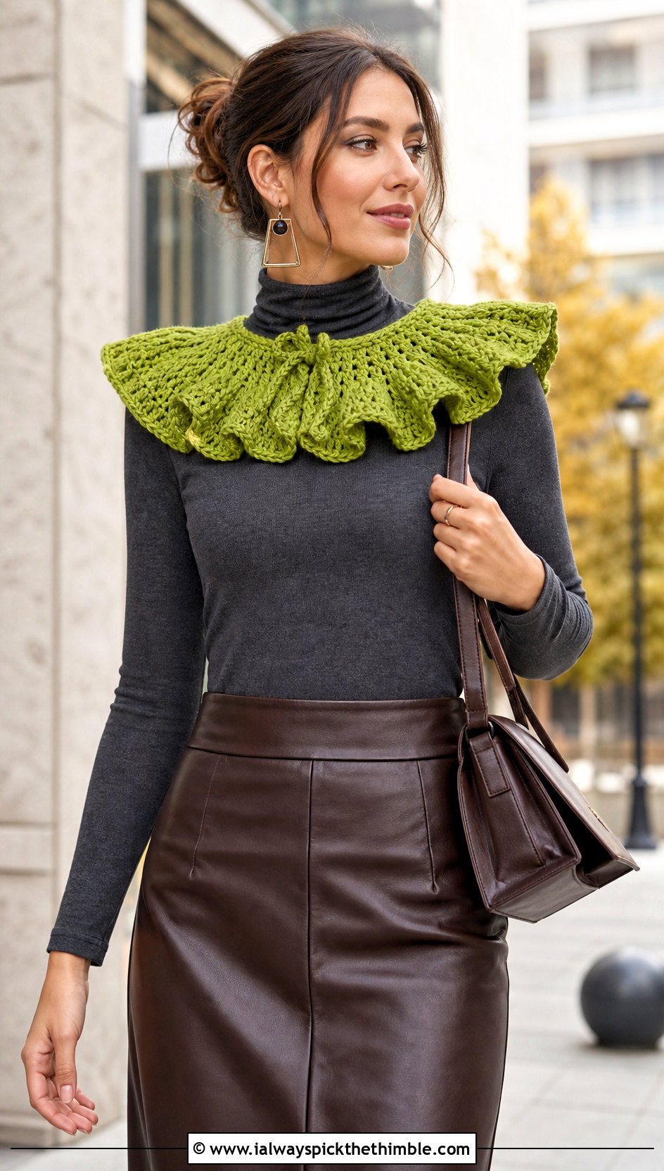 Green Ruffled Crochet Collar With Turtleneck And Leather Skirt - 15 Green Crochet Collar outfit ideas