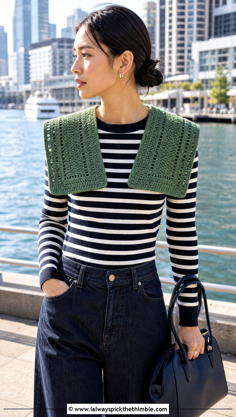 Green Sailor Crochet Collar With Striped Knit And Wide Leg Jeans - 15 Green Crochet Collar outfit ideas