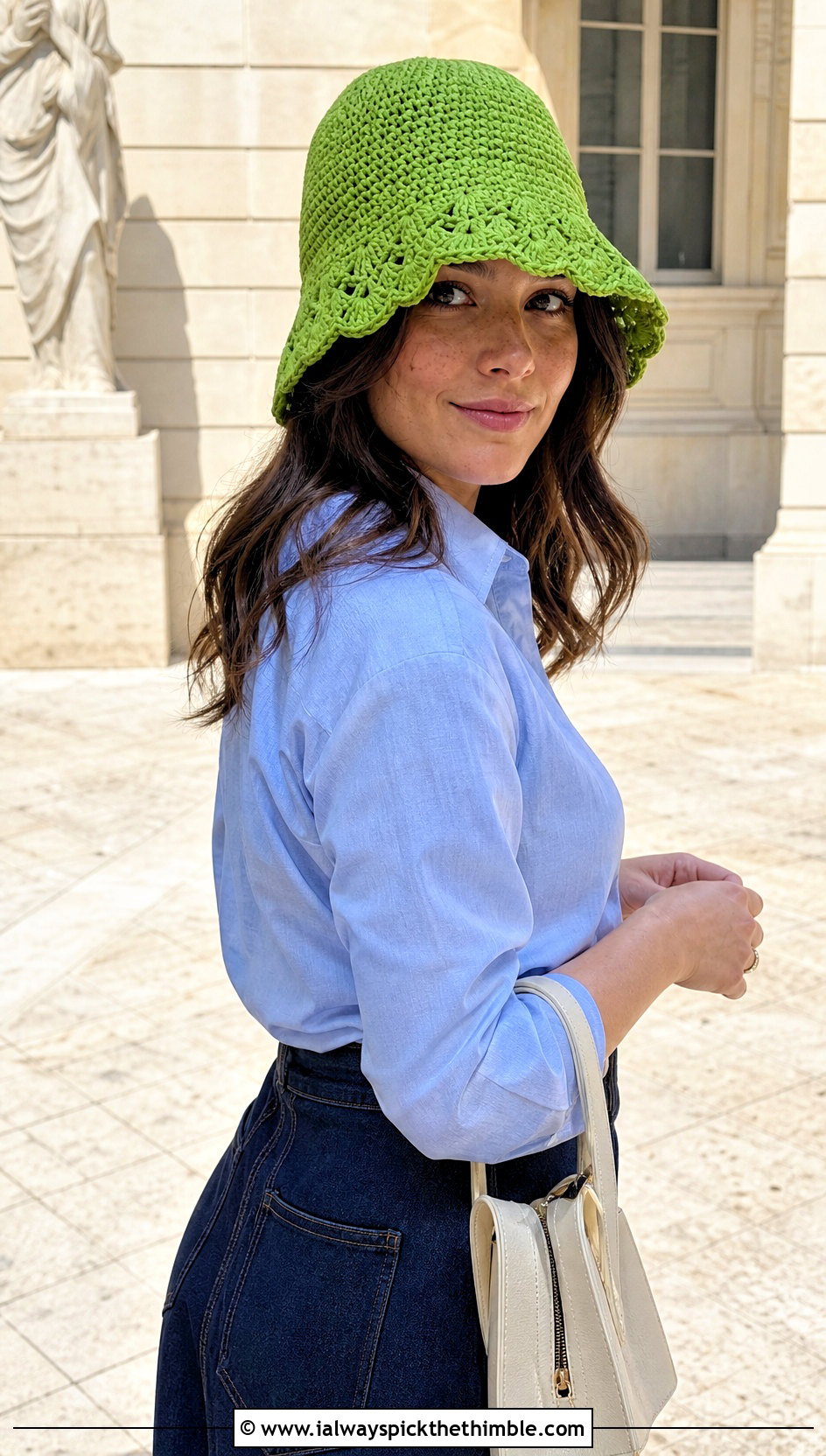Green Scalloped Bucket Hat With Denim Skirt - 25 green crochet hat outfit ideas