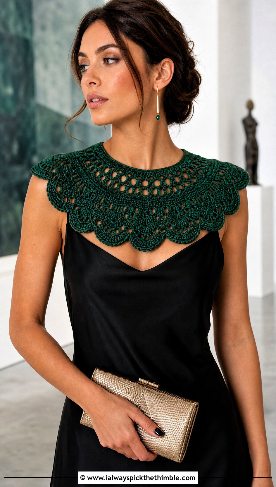Green Scalloped Crochet Collar With Black Slip Dress - 15 Green Crochet Collar outfit ideas
