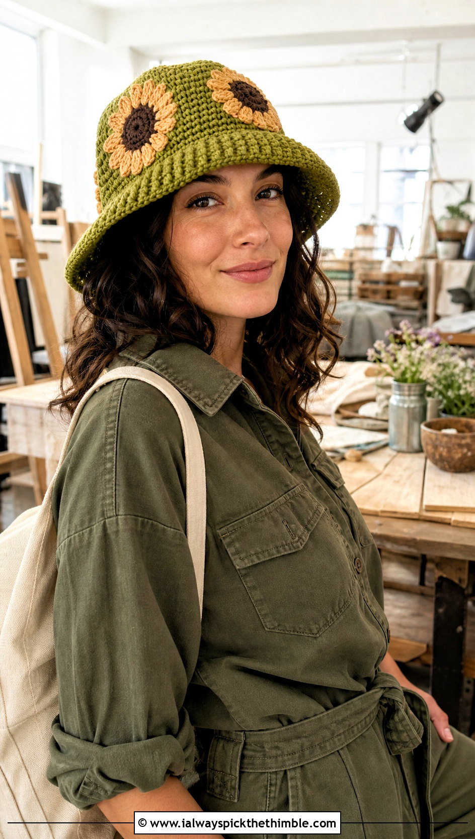 Green Sunflower Bucket Hat With Utility Jumpsuit - 25 crochet sunflower bucket hat outfit ideas