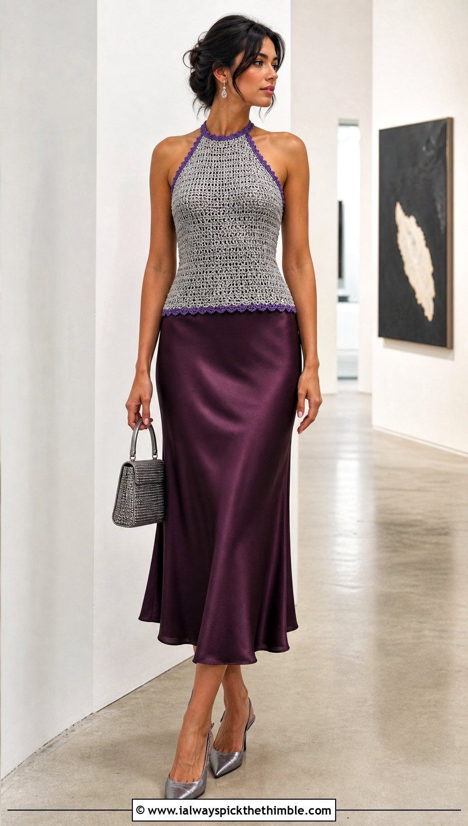 Grey Halter Crochet Tank Top With Satin Midi Skirt - 15 Crochet Grey Tank Top outfit ideas