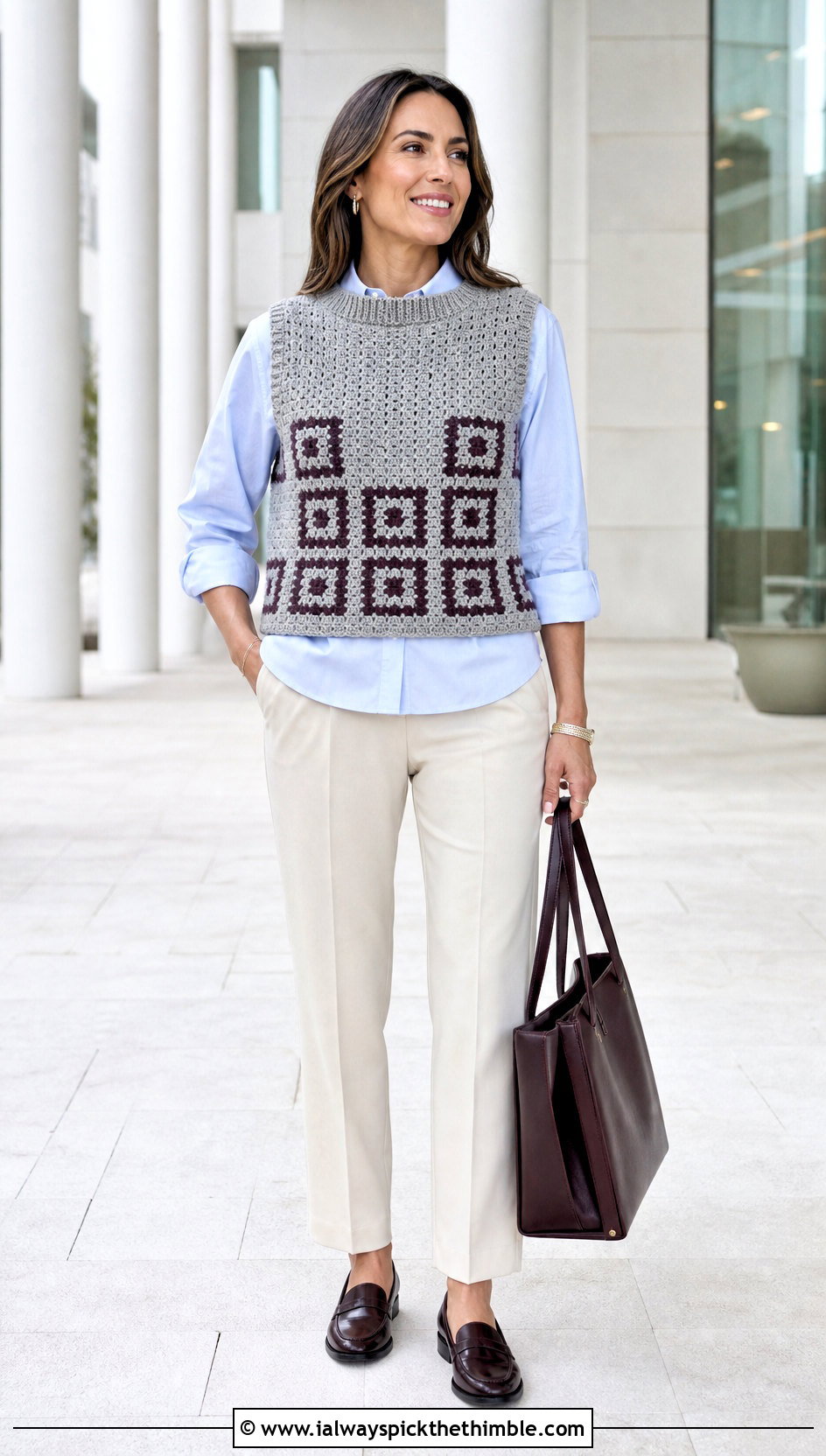 Grey High Neck Crochet Tank Top Over A Poplin Shirt - 15 Crochet Grey Tank Top outfit ideas