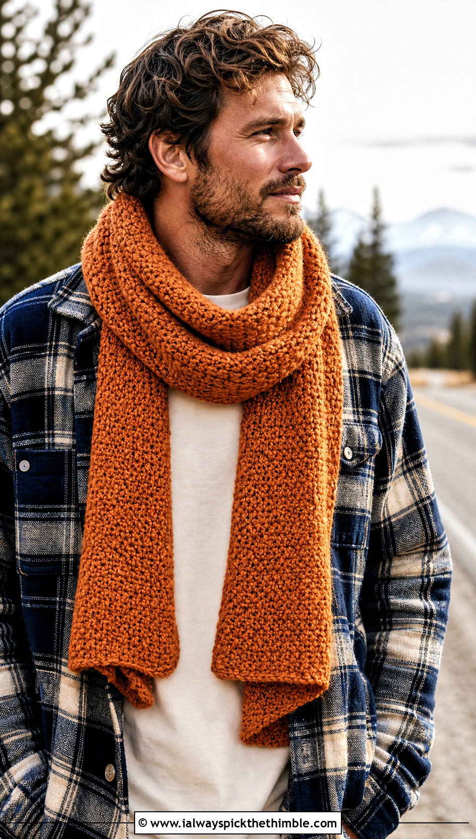 Griddle Stitch Crochet Scarf With Flannel Overshirt - 15 crochet stitch for mens scarf outfit ideas