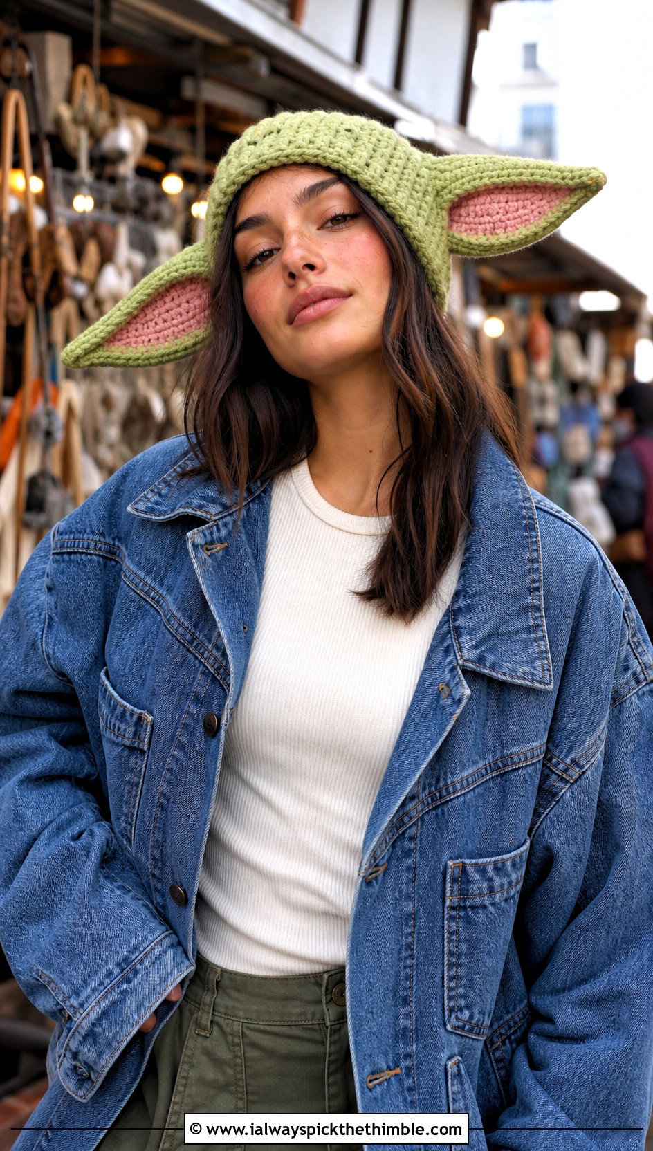Grogu Ear Crochet Beanie With Denim Jacket - 20 crochet star wars hat outfit ideas
