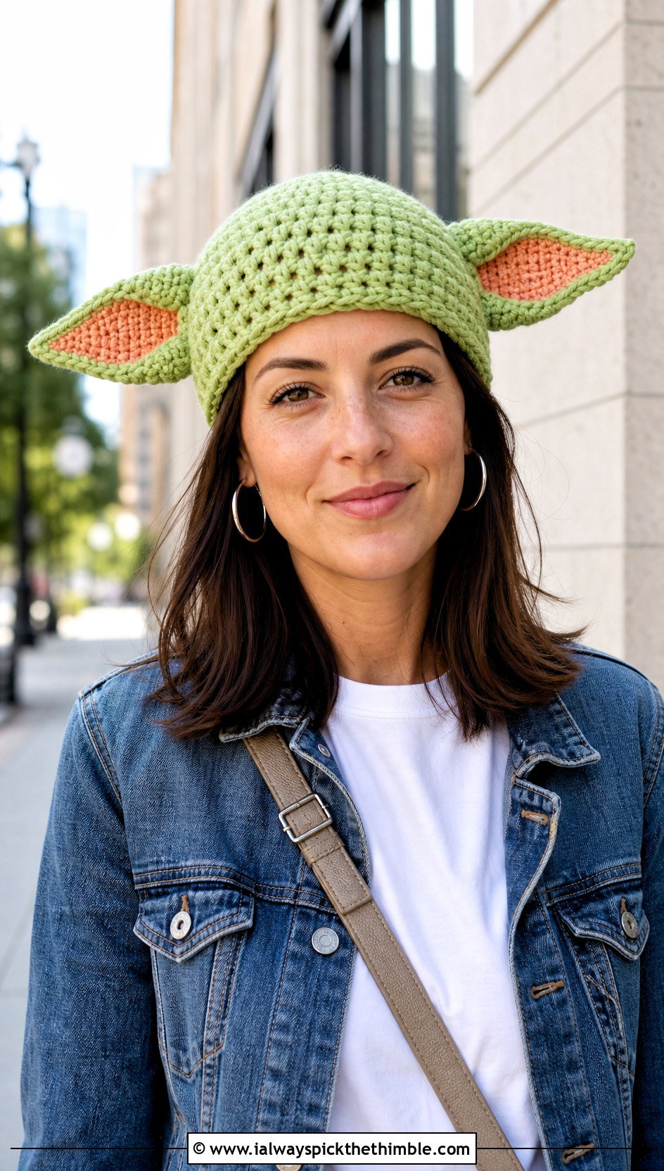 Grogu Ear Crochet Beanie With Denim Jacket - 15 Star Wars Crochet Hat outfit ideas