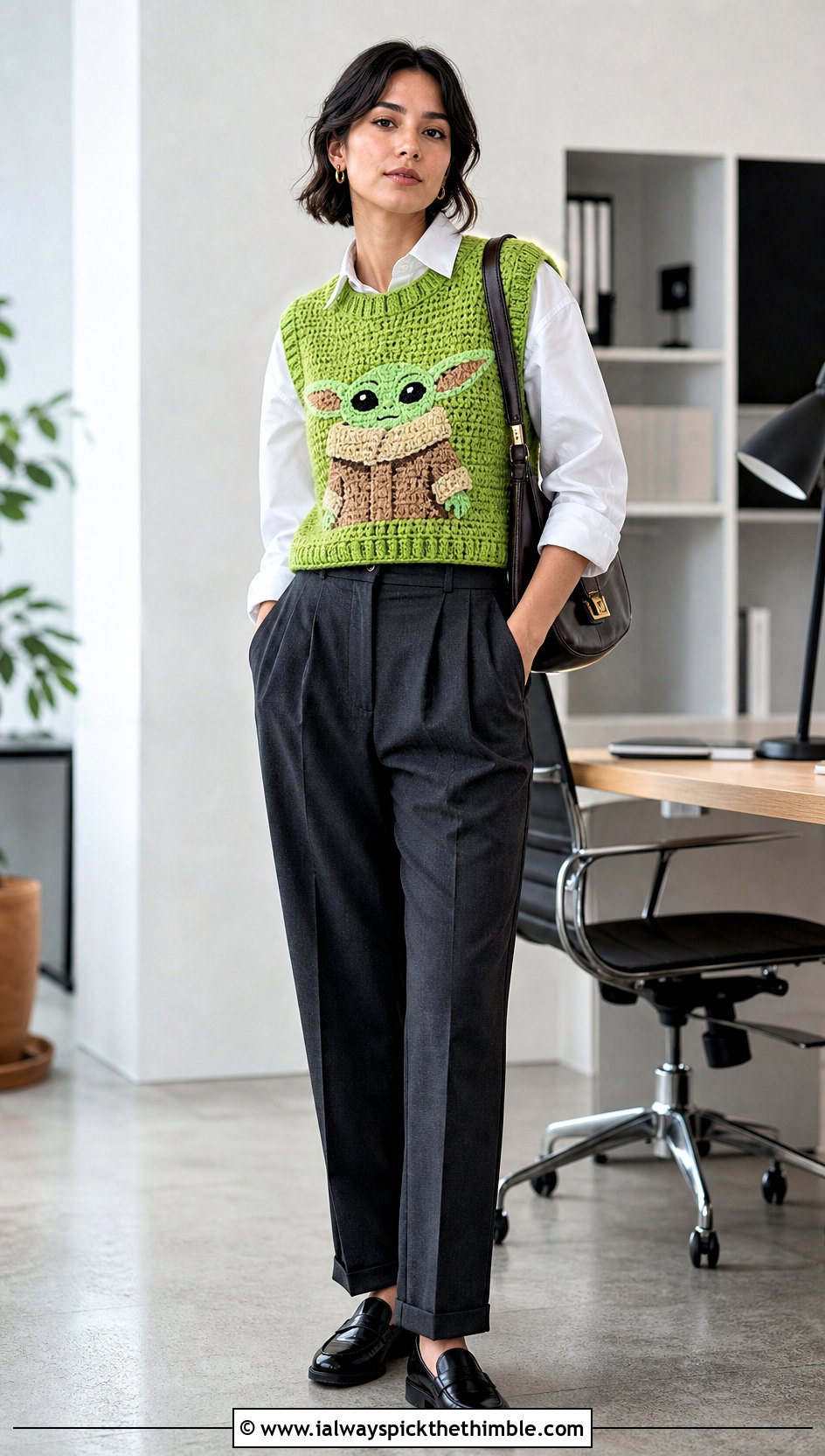 Grogu Motif Crochet Sweater Vest With Tailored Trousers - 20 Star Wars Crochet Clothes and outfit ideas