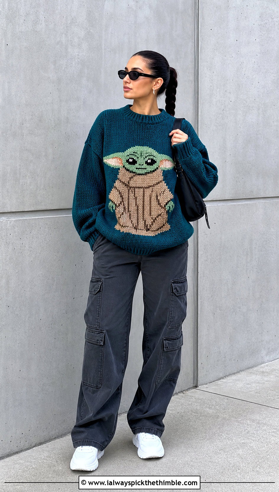 Grogu Motif Crochet Sweater With Cargo Pants - 20 Star Wars Crochet Sweater outfit ideas