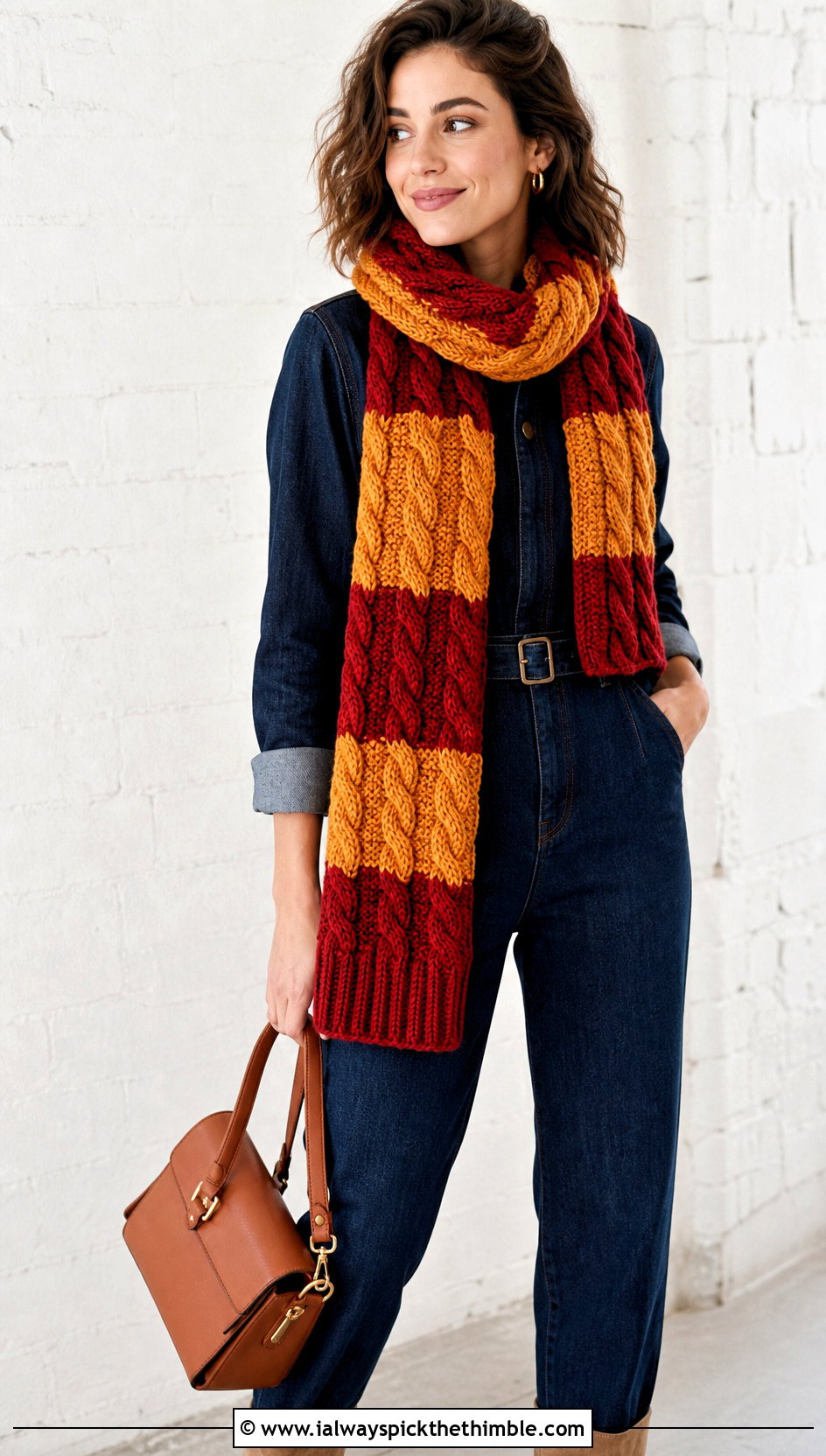 Gryffindor Cable Crochet Harry Potter Scarf With Denim Jumpsuit - 25 crochet harry potter scarf outfit ideas