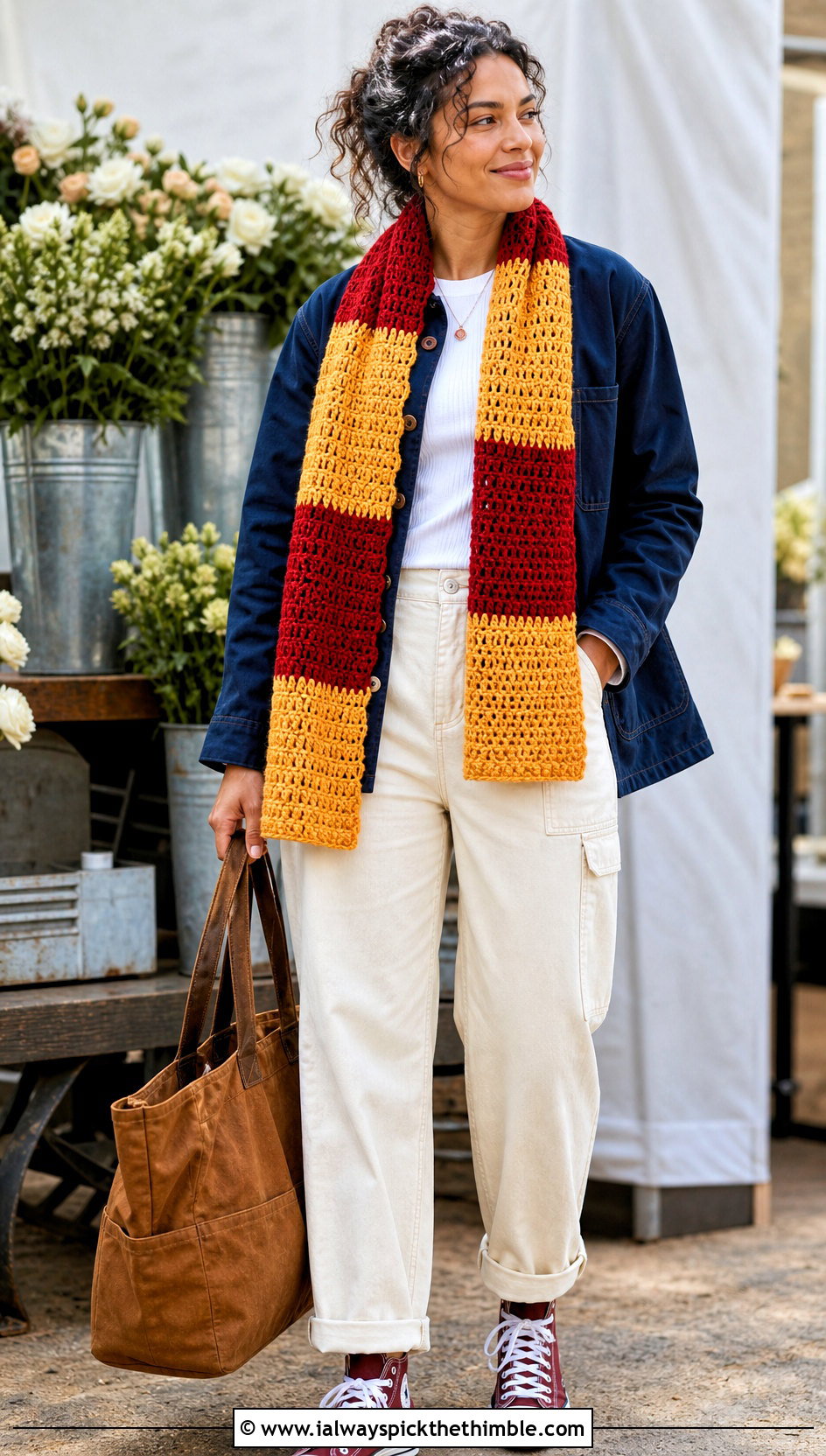 Gryffindor Color Block Crochet Harry Potter Scarf With Chore Jacket - 25 crochet harry potter scarf outfit ideas