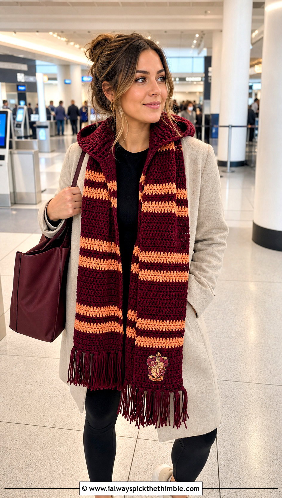 Gryffindor Hooded Crochet Harry Potter Scarf With Travel Outfit - 25 crochet harry potter scarf outfit ideas