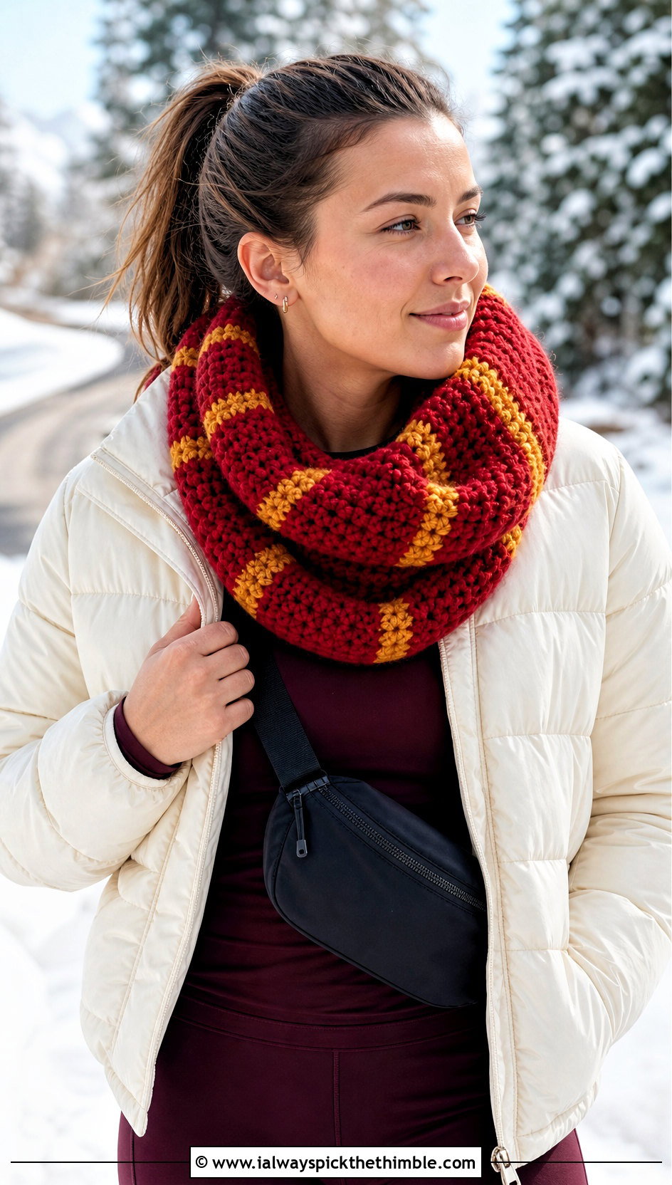 Gryffindor Infinity Crochet Hogwarts Scarf With Puffer Jacket - 20 crochet hogwarts scarf outfit ideas