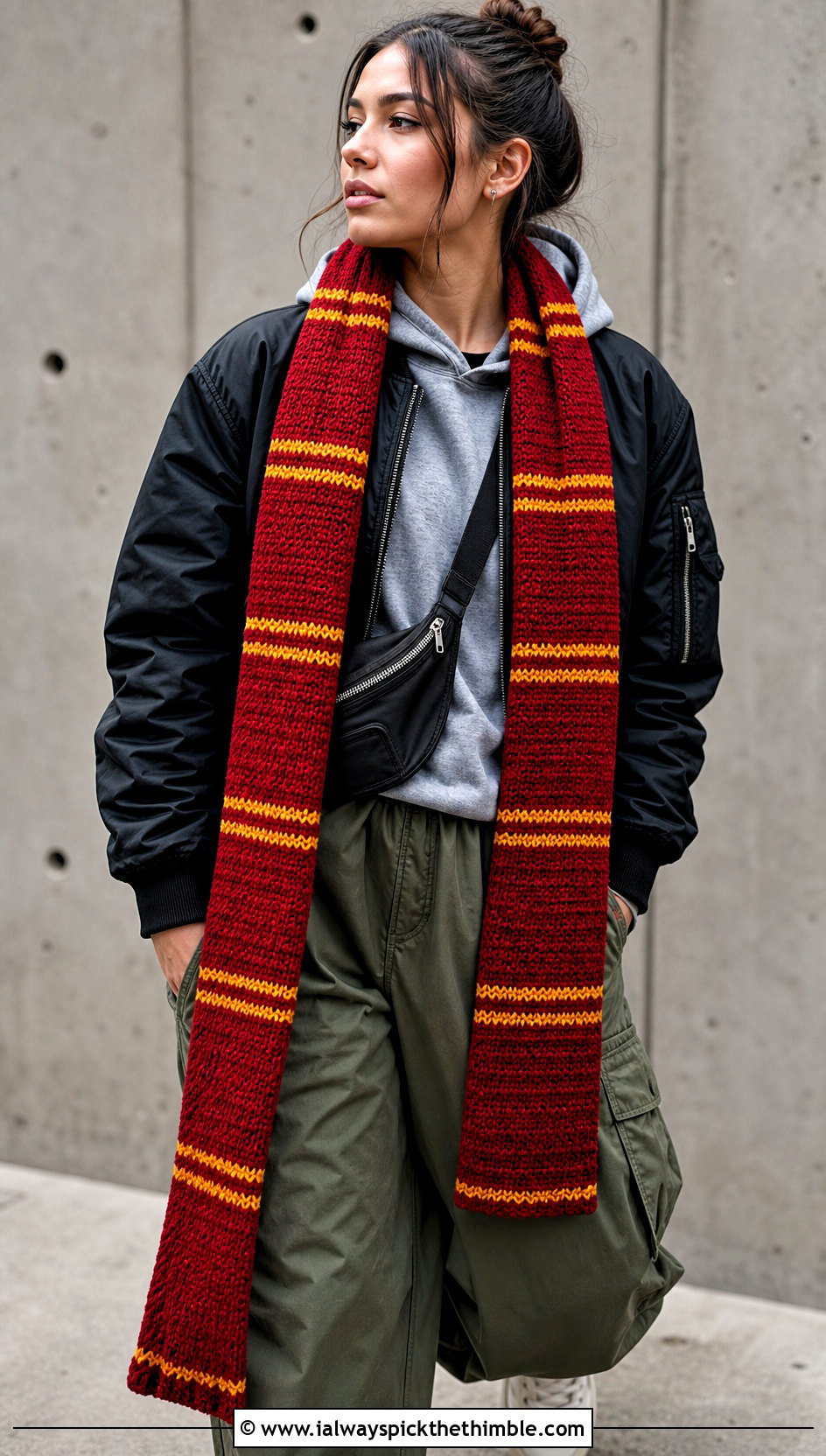 Gryffindor Skinny Stripe Crochet Harry Potter Scarf With Cargo Pants - 25 crochet harry potter scarf outfit ideas