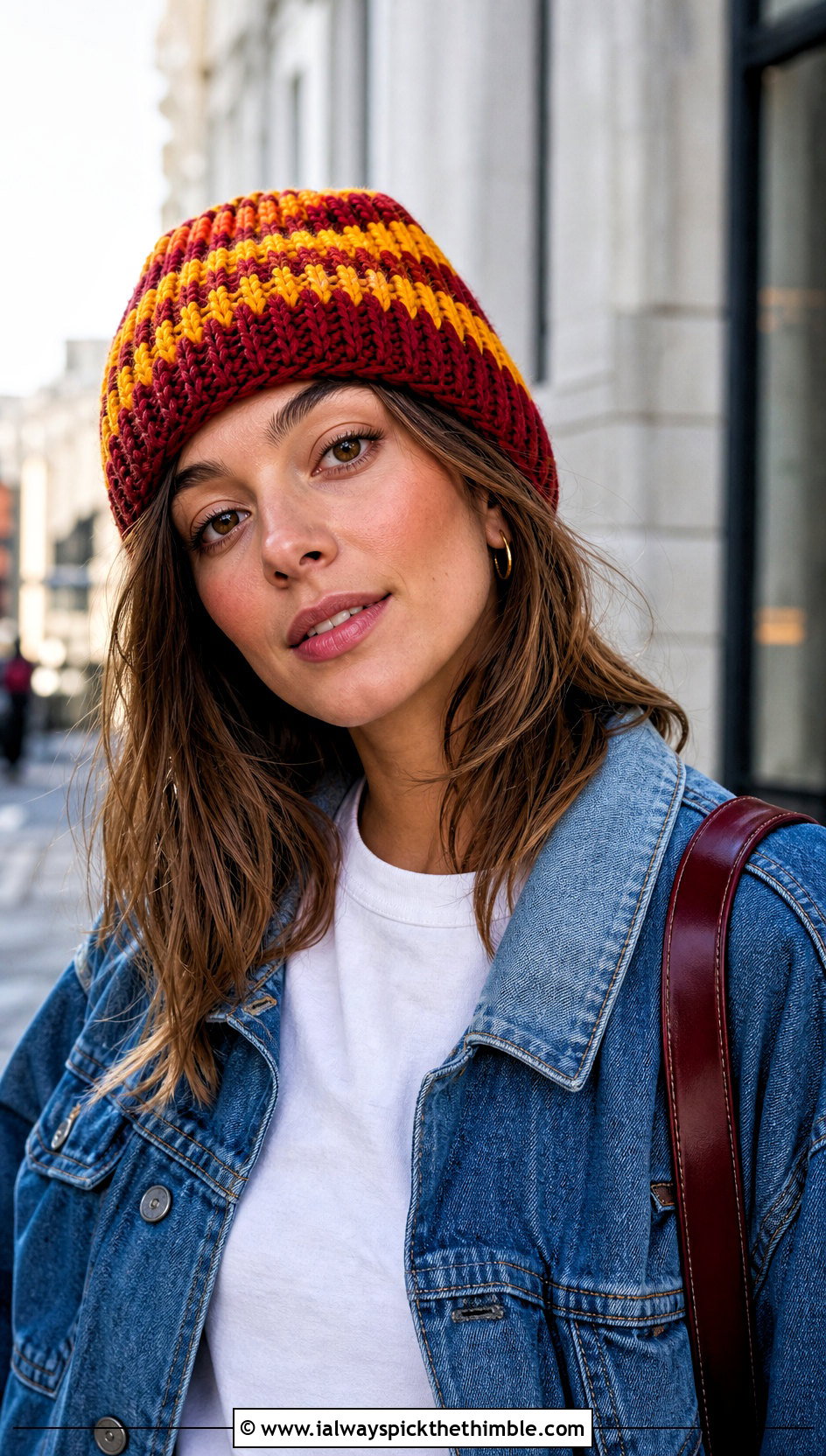 Gryffindor Striped Crochet Beanie With Denim Jacket - 15 harry potter crochet hat outfit ideas