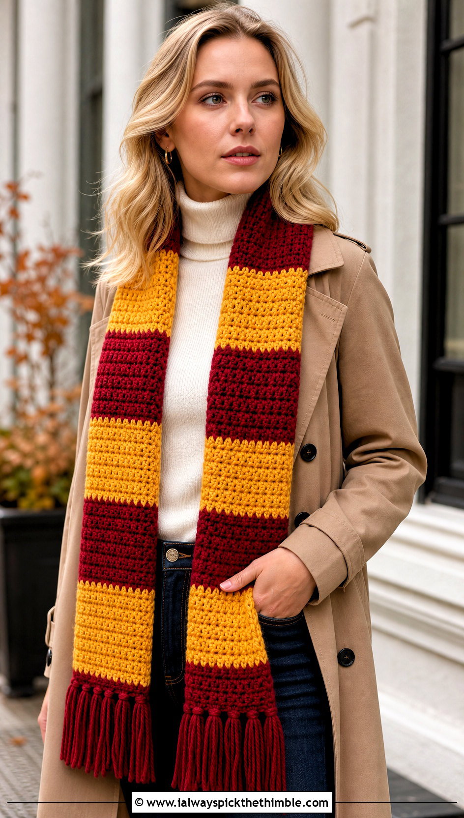 Gryffindor Wide Stripe Crochet Hogwarts Scarf With Trench Coat - 20 crochet hogwarts scarf outfit ideas