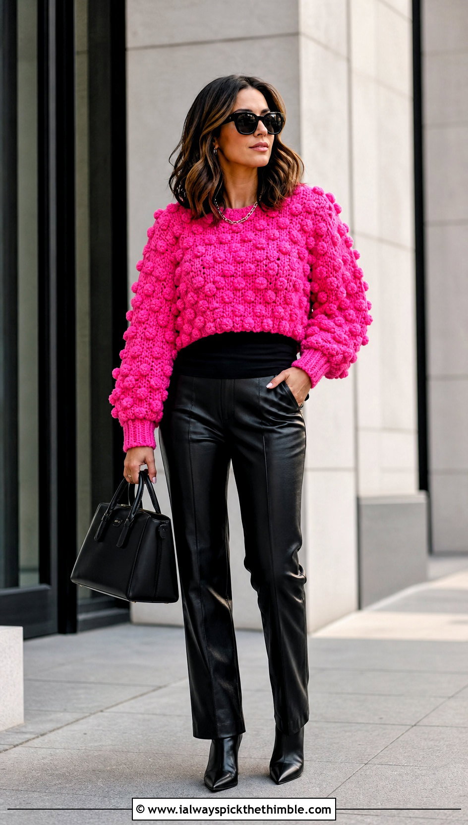 Gum Drop Crochet Pullover With Leather Pants - 15 gum drop crochet pullover outfit ideas
