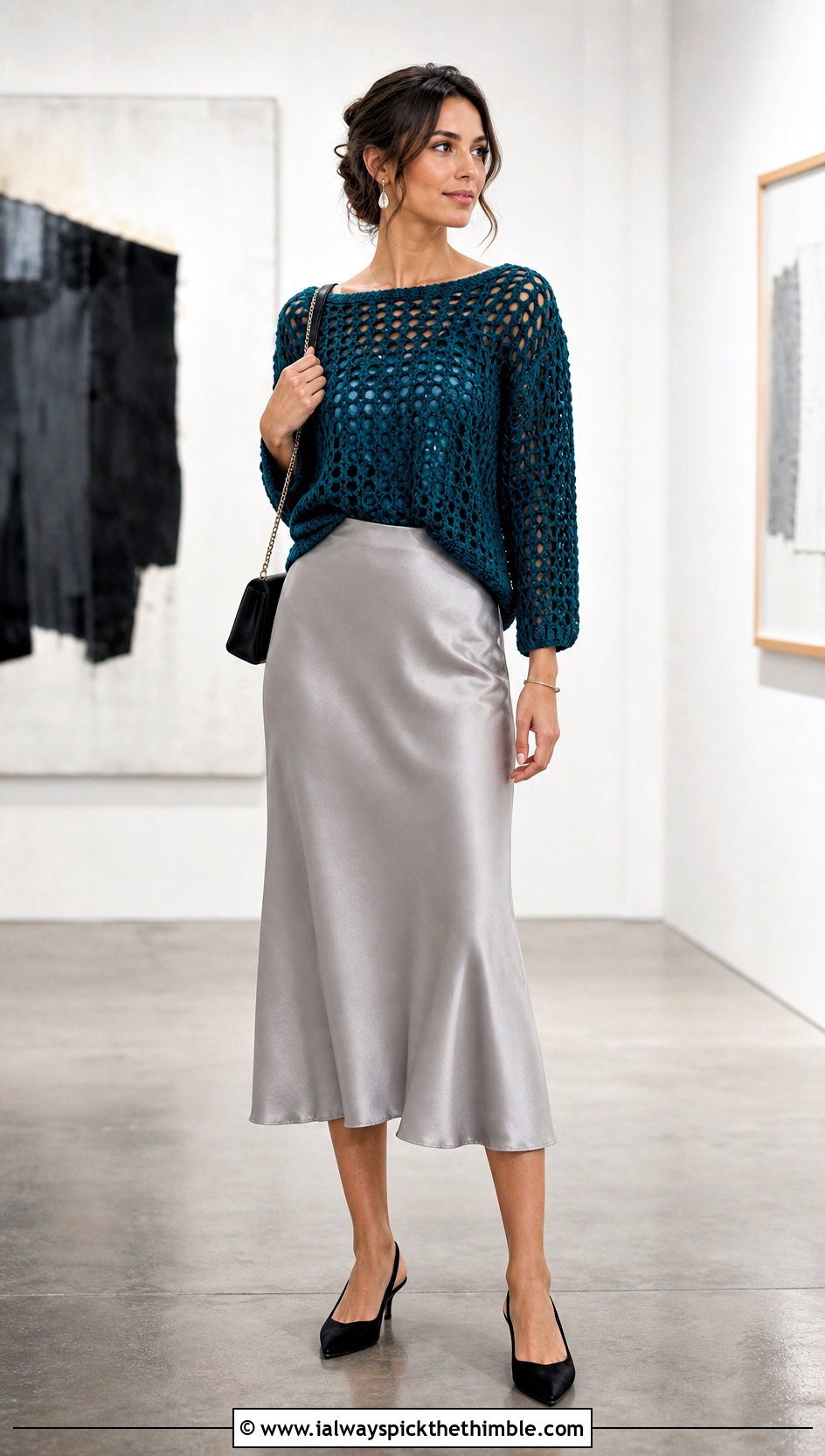 Gum Drop Crochet Pullover With Satin Midi Skirt - 15 gum drop crochet pullover outfit ideas