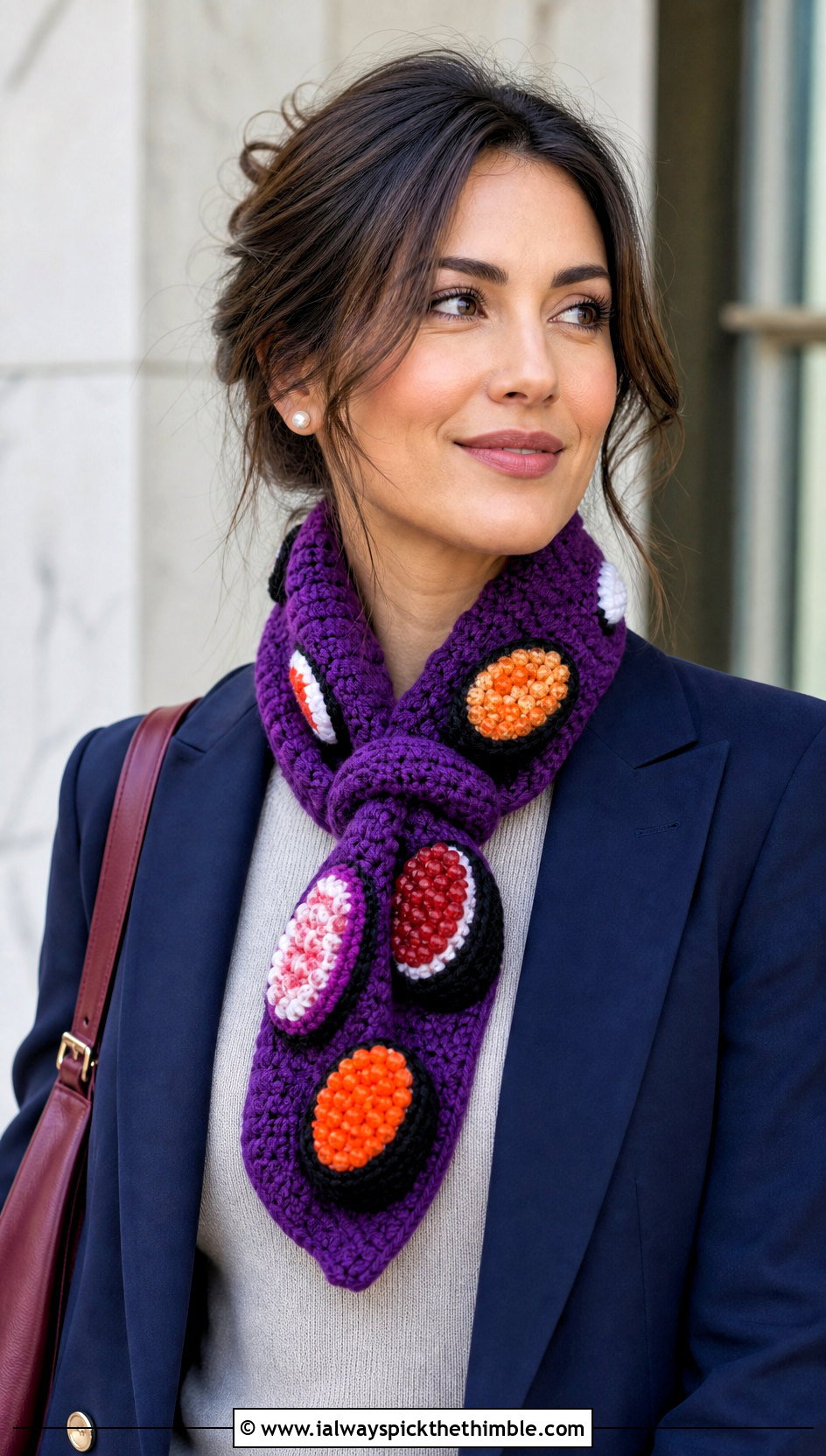 Gunkan Crochet Sushi Scarf With Blazer And Skirt - 20 crochet sushi scarf outfit ideas