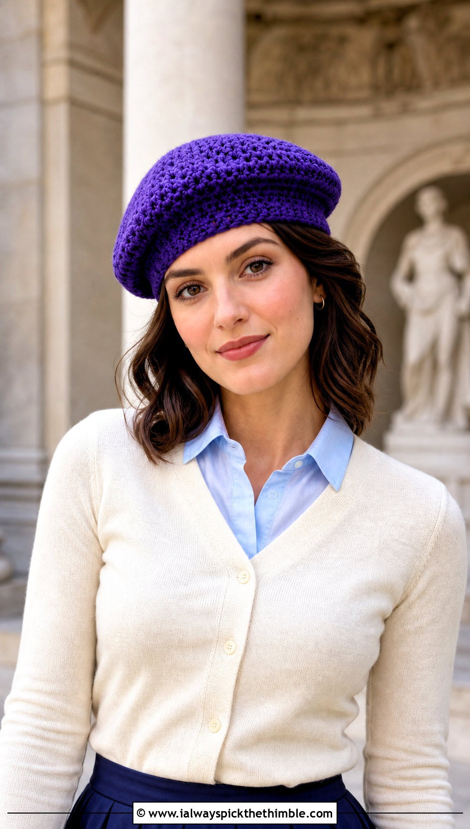 HDC Beret With Cardigan And Pleated Midi Skirt - 20 hdc crochet hat outfit ideas