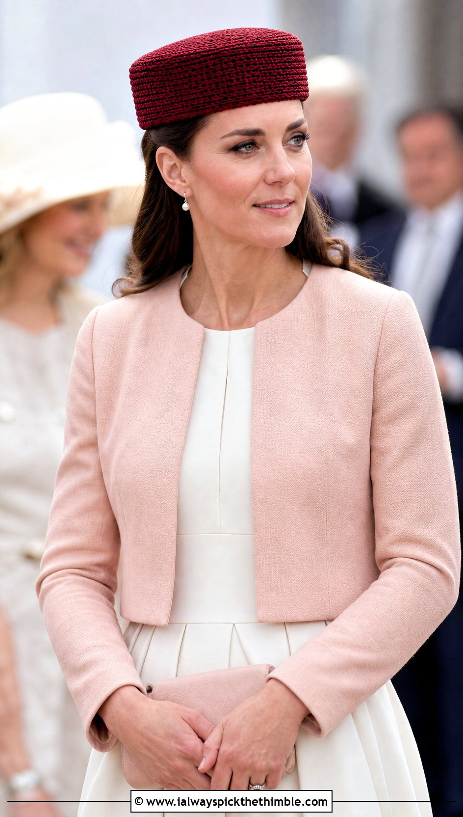 HDC Pillbox Hat With Collarless Jacket And Midi Dress - 20 hdc crochet hat outfit ideas