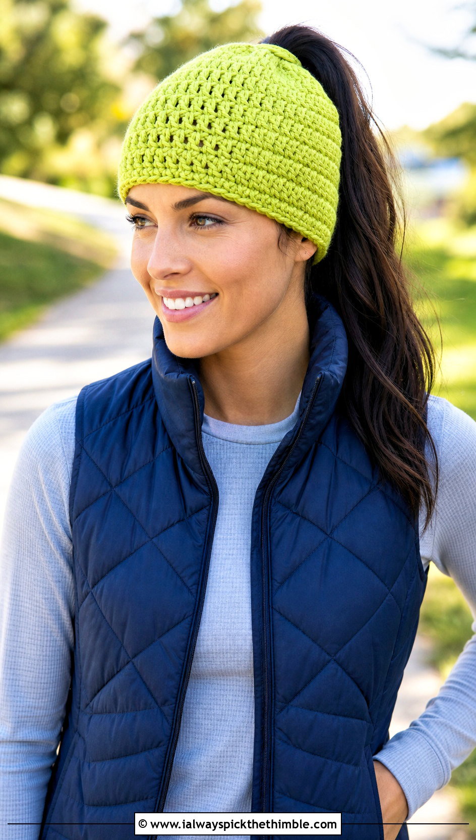 HDC Ponytail Beanie With Quilted Vest And Joggers - 20 hdc crochet hat outfit ideas
