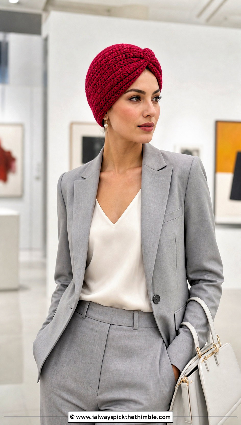 HDC Turban Hat With Pantsuit And Pointed Pumps - 20 hdc crochet hat outfit ideas