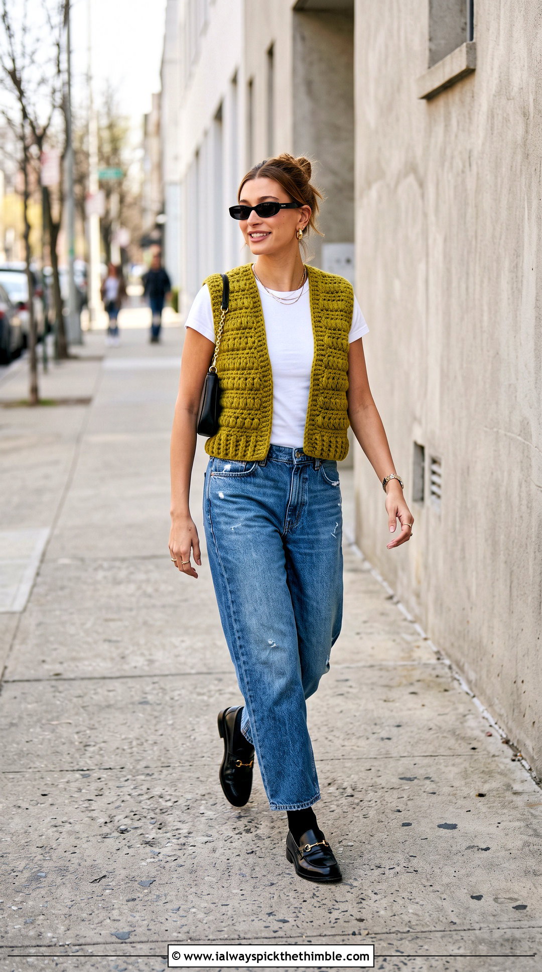 Hailey Bieber Chartreuse Crochet Vest With Barrel Jeans - 20 celebrity crochet outfits ideas