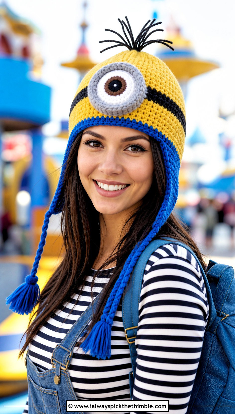 Hair Tuft Crochet Minion Beanie With Denim Overalls - 20 Crochet Minion Hats outfit ideas