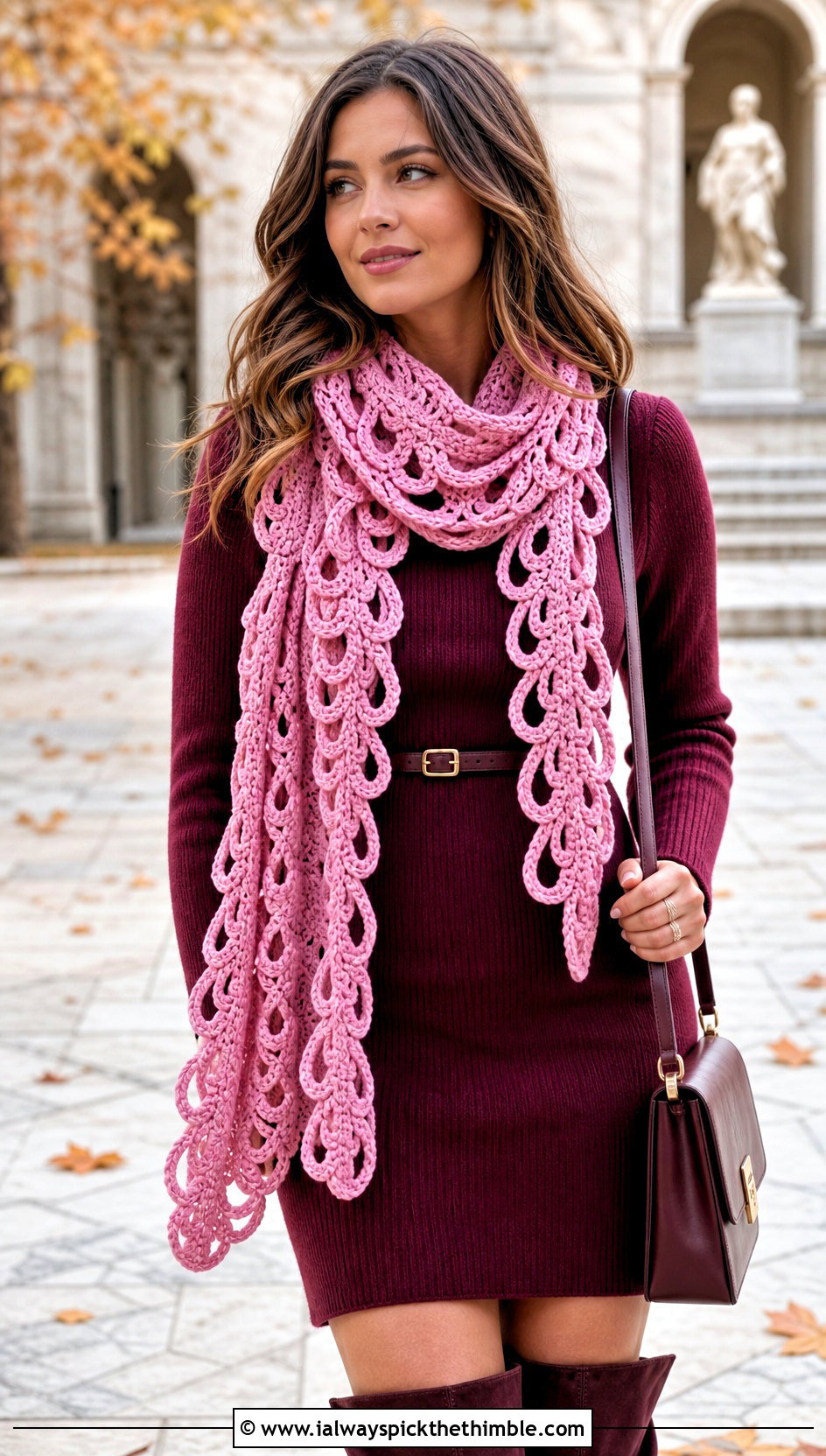 Hairpin Crochet Lace Scarf With Sweater Dress And Boots - 25 crochet lace scarf outfit ideas