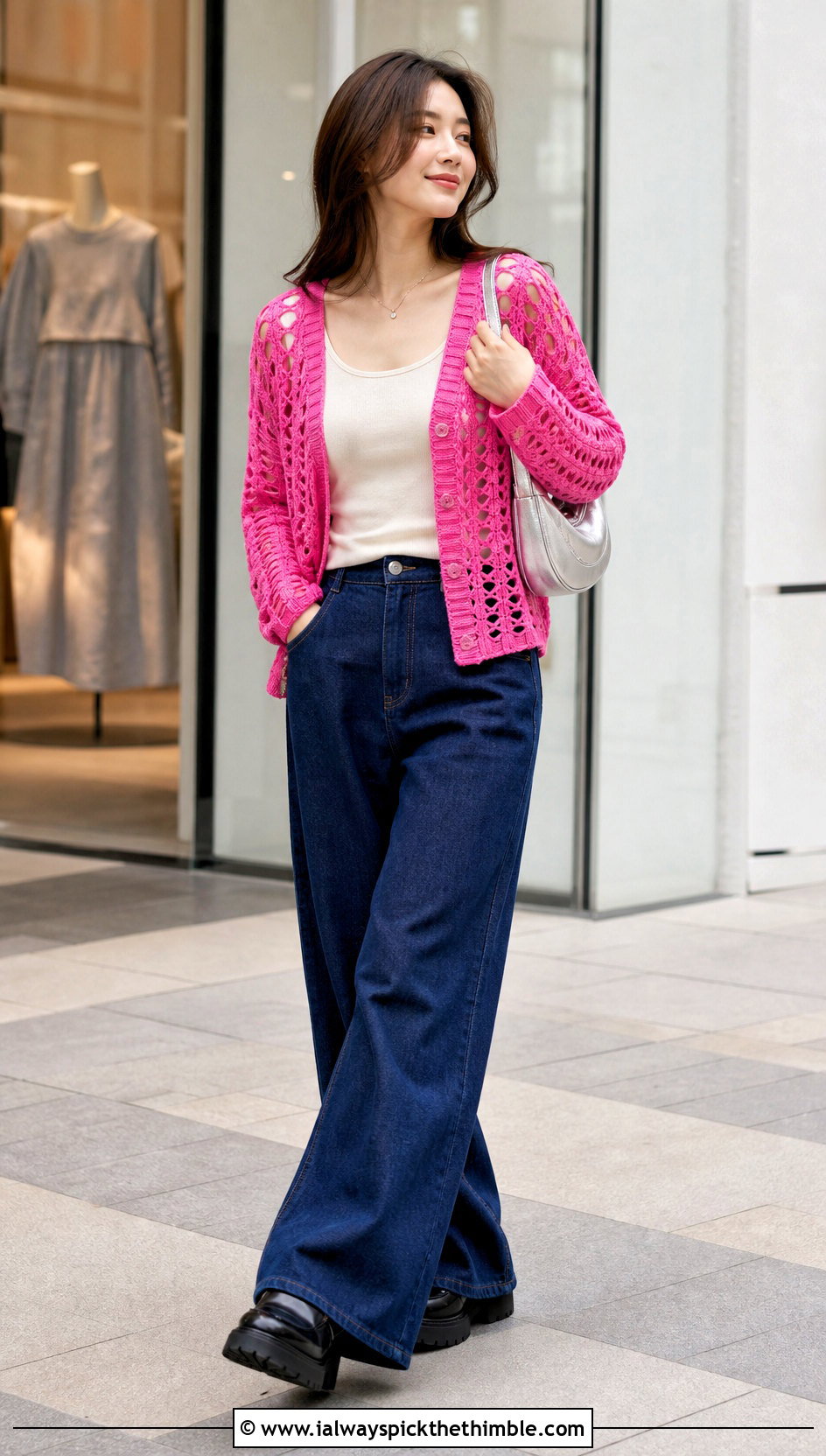 Hairpin Lace Cardigan With Wide Leg Jeans - 20 crochet lacy cardigan outfit ideas