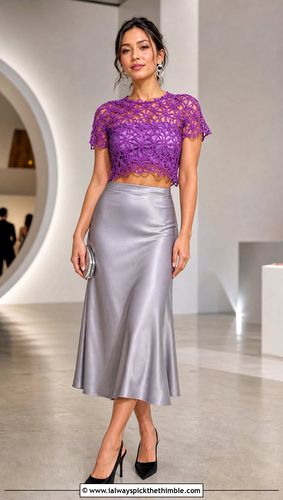 Hairpin Lace Crochet Crop Top With Satin Midi Skirt - 25 lacy crochet top outfit ideas