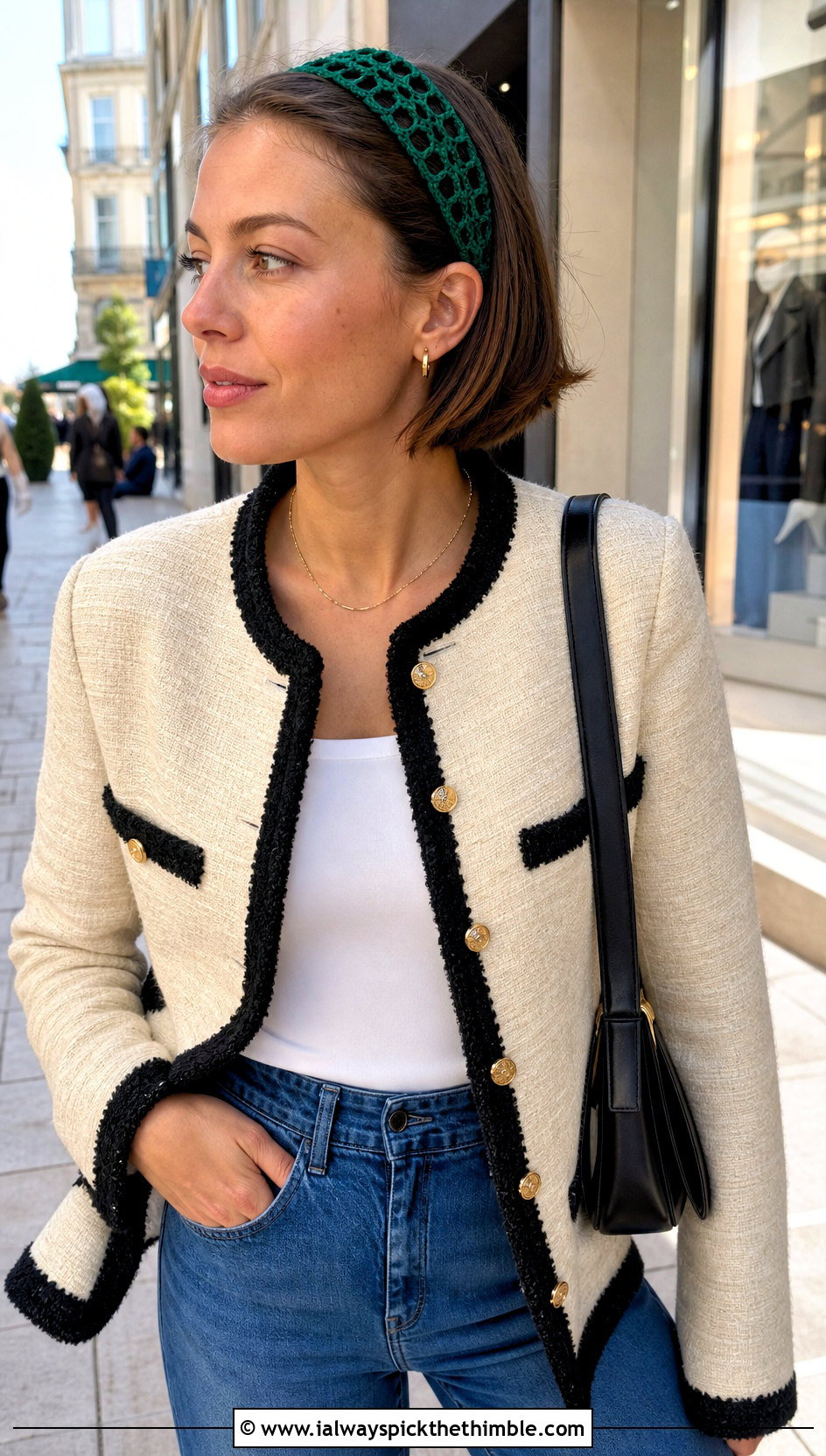 Hairpin Lace Crochet Headband With Tweed Jacket And Jeans - 20 lace crochet headband outfit ideas