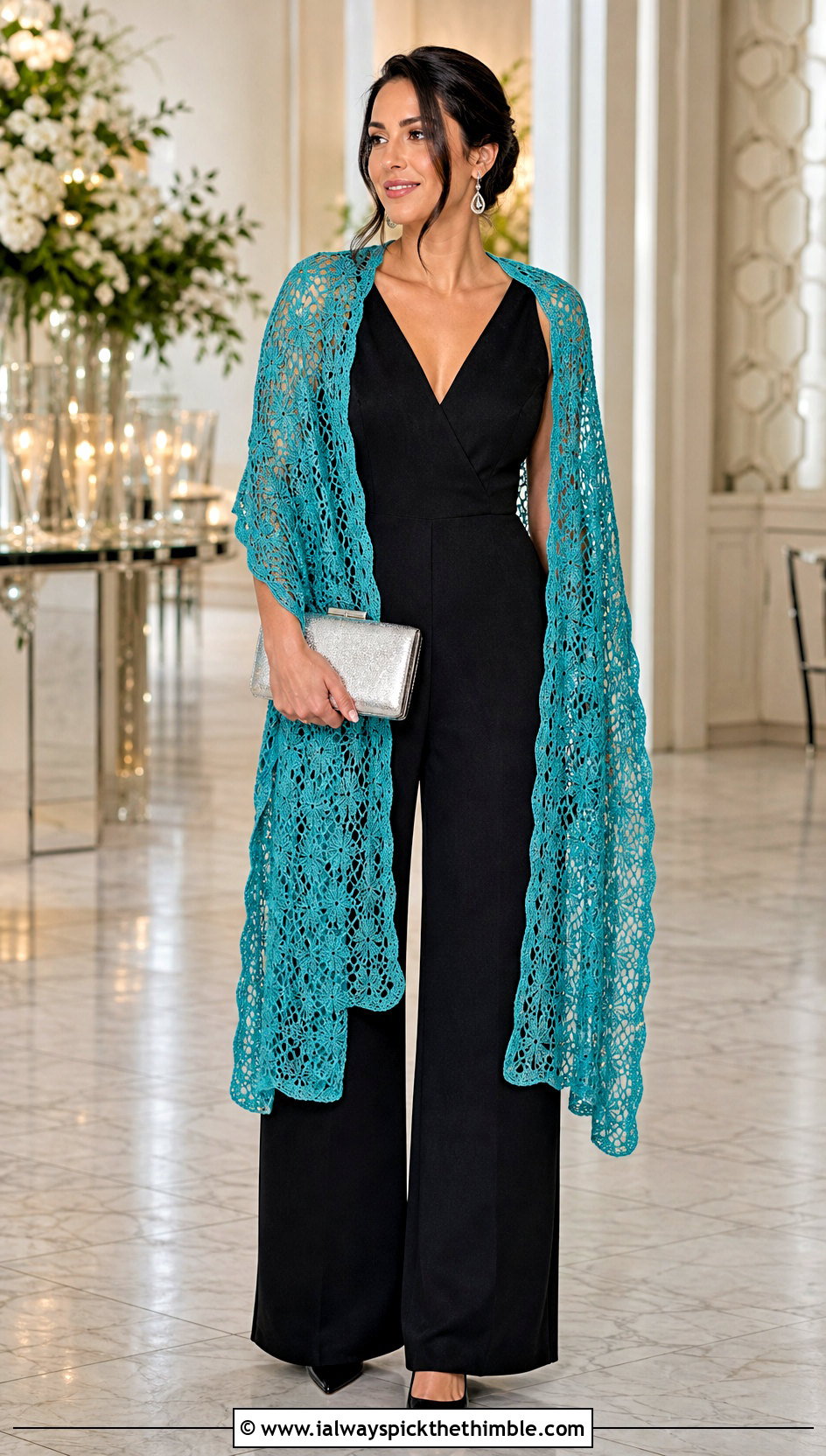 Hairpin Lace Crochet Long Shawl With Evening Jumpsuit - 20 Crochet Long Shawl outfit ideas
