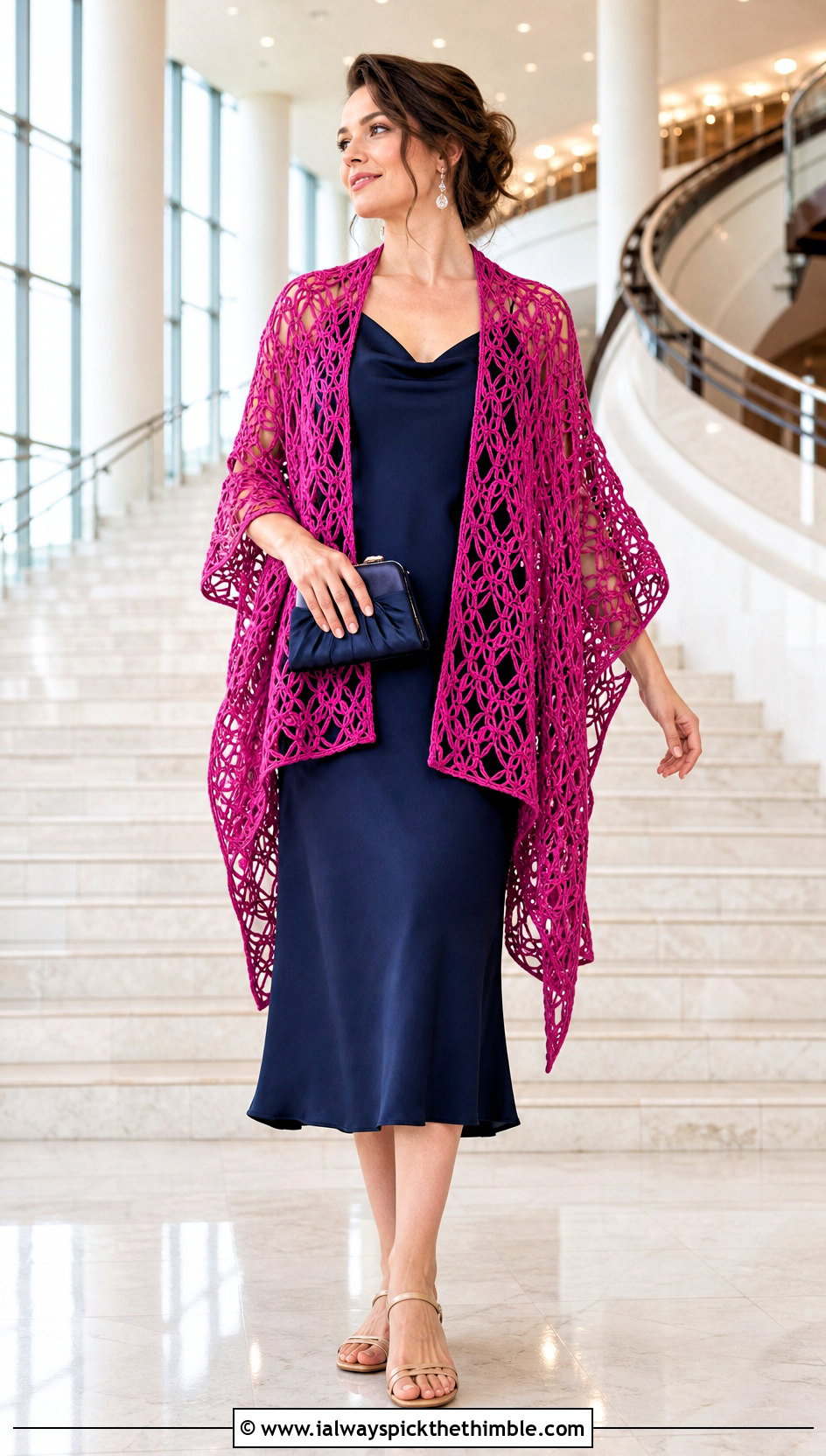Hairpin Lace Crochet Ruana With Bias Cut Dress - 25 crochet ruana outfit ideas