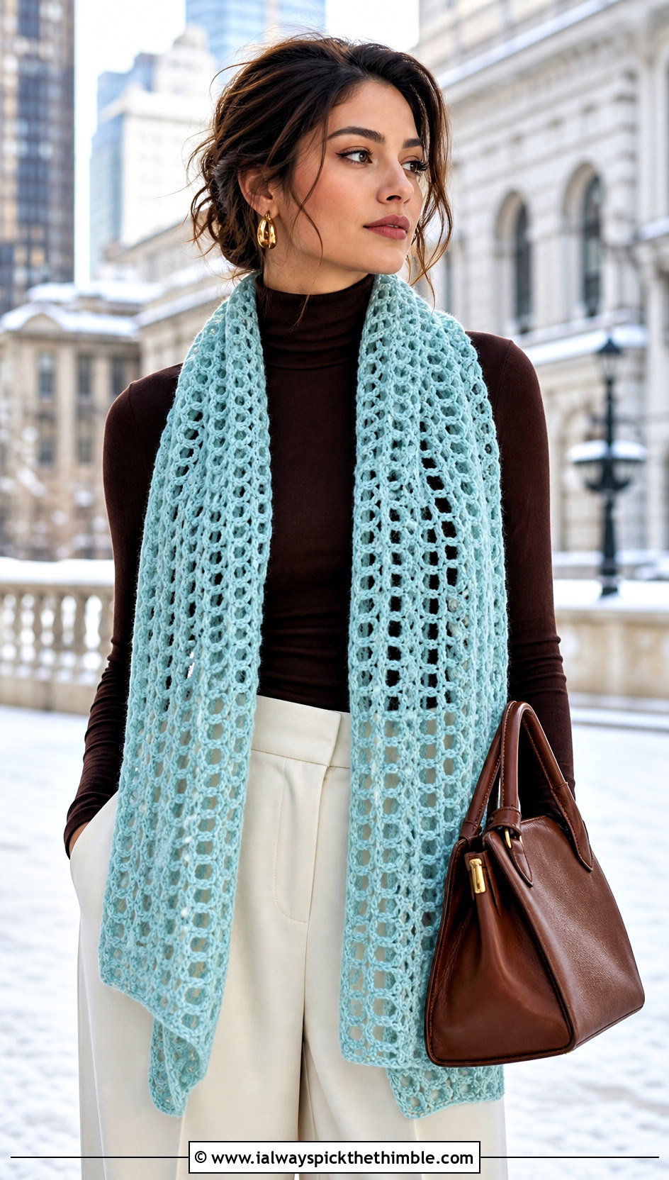 Hairpin Lace Crochet Scarf With Turtleneck And Wide Leg Pants - 15 Lacy Crochet Scarf outfit ideas