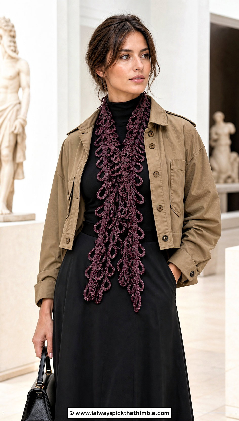 Hairpin Lace Crochet Scarf With Utility Jacket And Midi Skirt - 15 Easy Lace Crochet Scarf outfit ideas