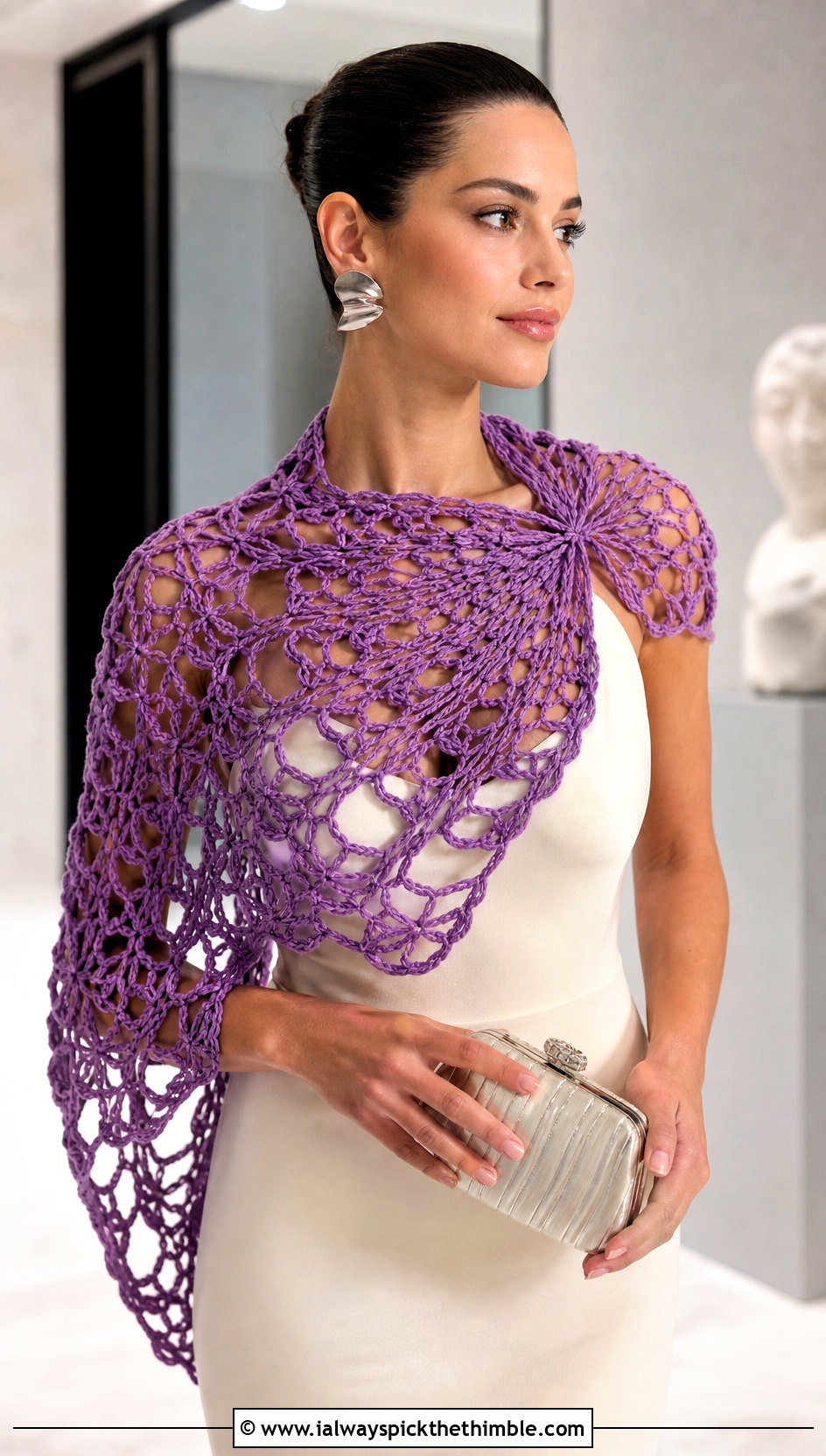 Hairpin Lace Crochet Stole With Column Dress - 20 Lacey Crochet Shawls outfit ideas