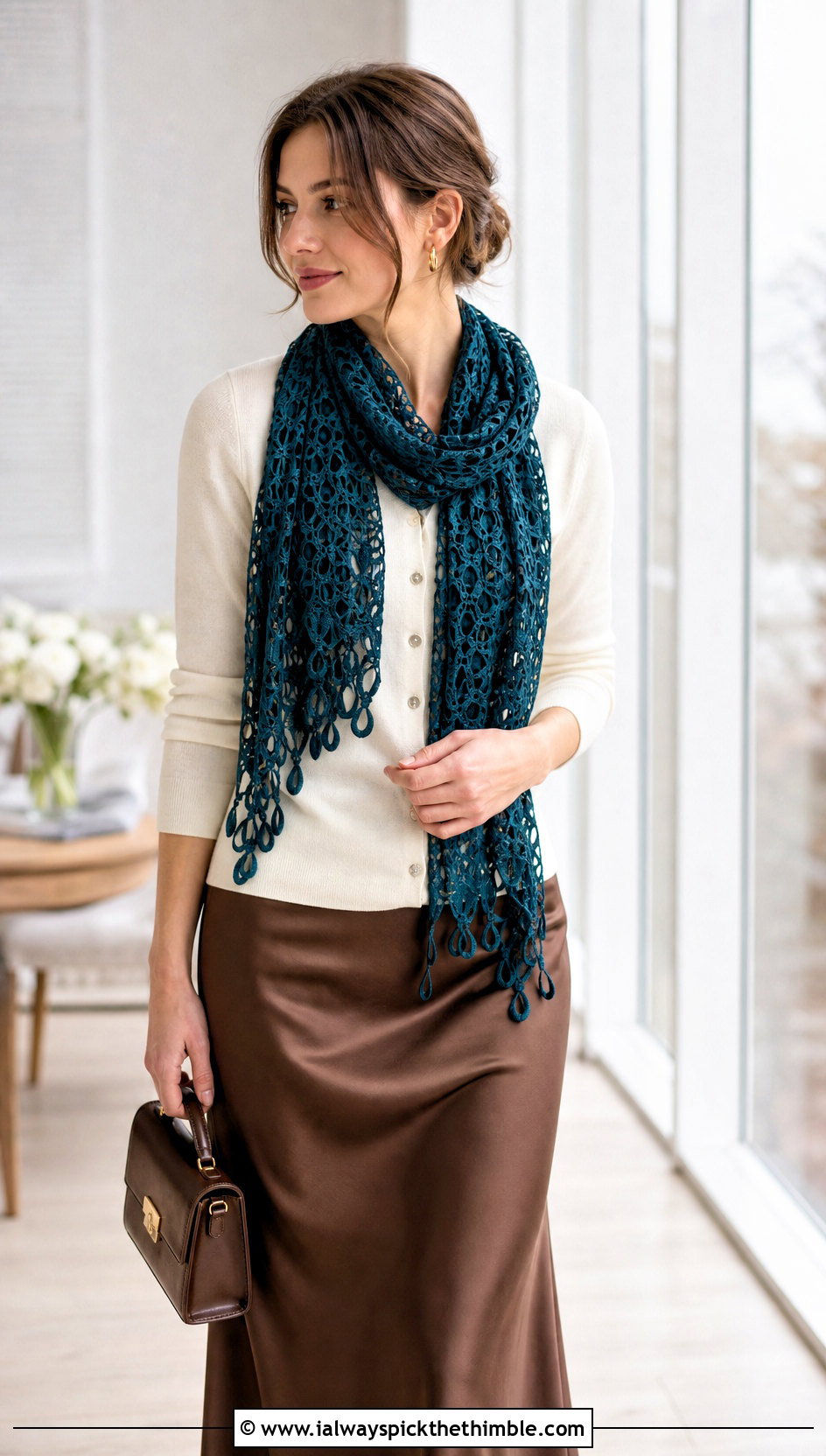 Hairpin Lace Scarf With Satin Slip Skirt - 15 openwork crochet scarf outfit ideas