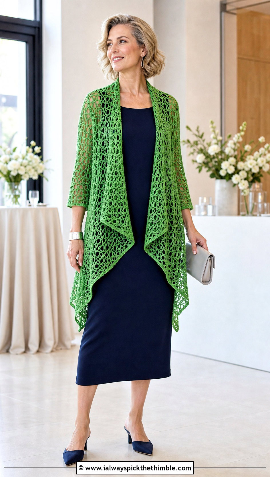 Hairpin Lace Waterfall Cardigan With Column Dress - 15 Lacey Crochet Cardigan outfit ideas