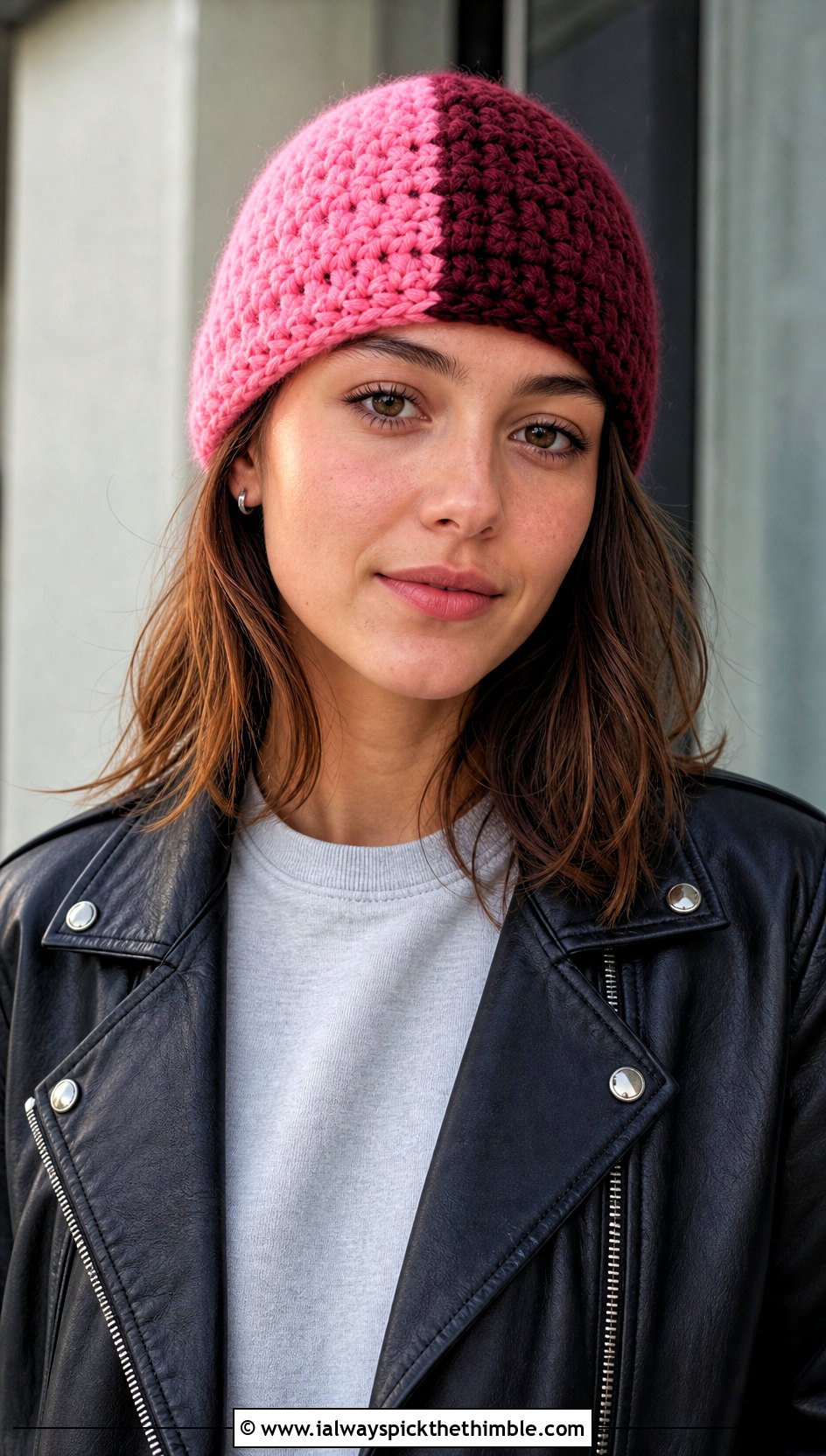 Half And Half Two Tone Crochet Beanie With Leather Jacket - 15 two tone crochet beanie outfit ideas