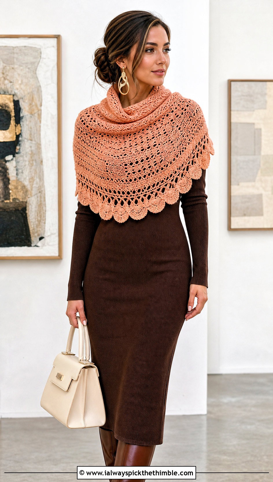 Half Circle Crochet Shawl Scarf With Knit Midi Dress - 20 crochet shawl scarf outfit ideas