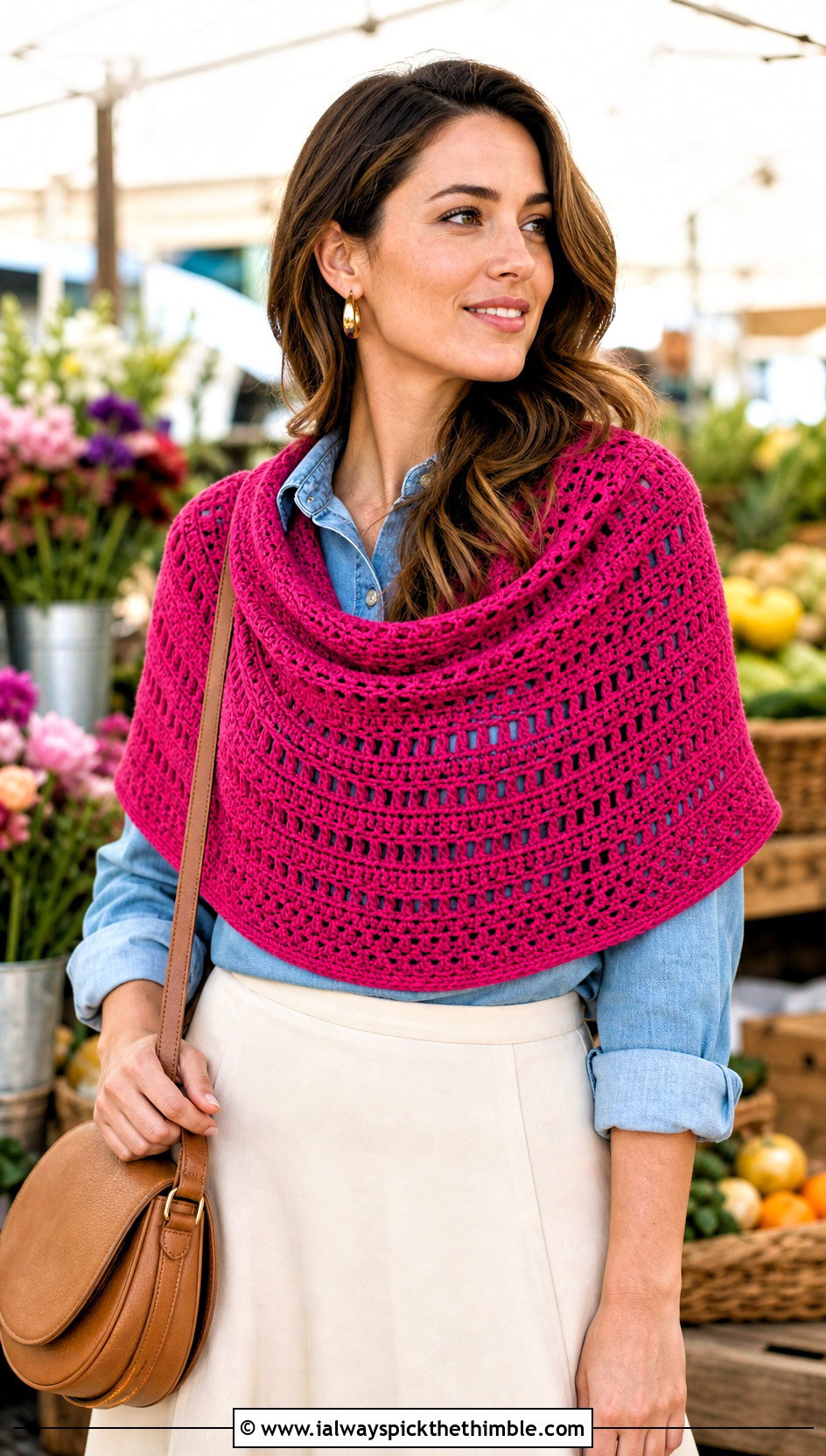 Half Circle Crochet Shawl With Denim Shirt And Skirt - 20 Simple Crochet Shawl outfit ideas