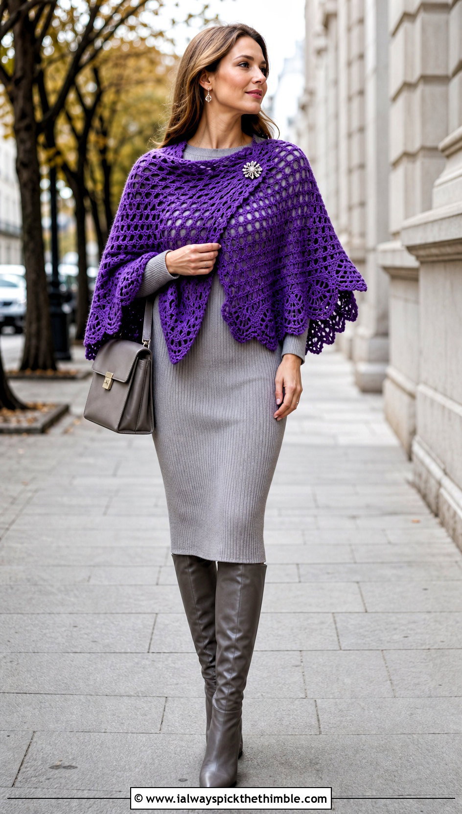Half Circle Crochet Shawl With Midi Dress And Boots - 25 easy crochet shawl outfit ideas