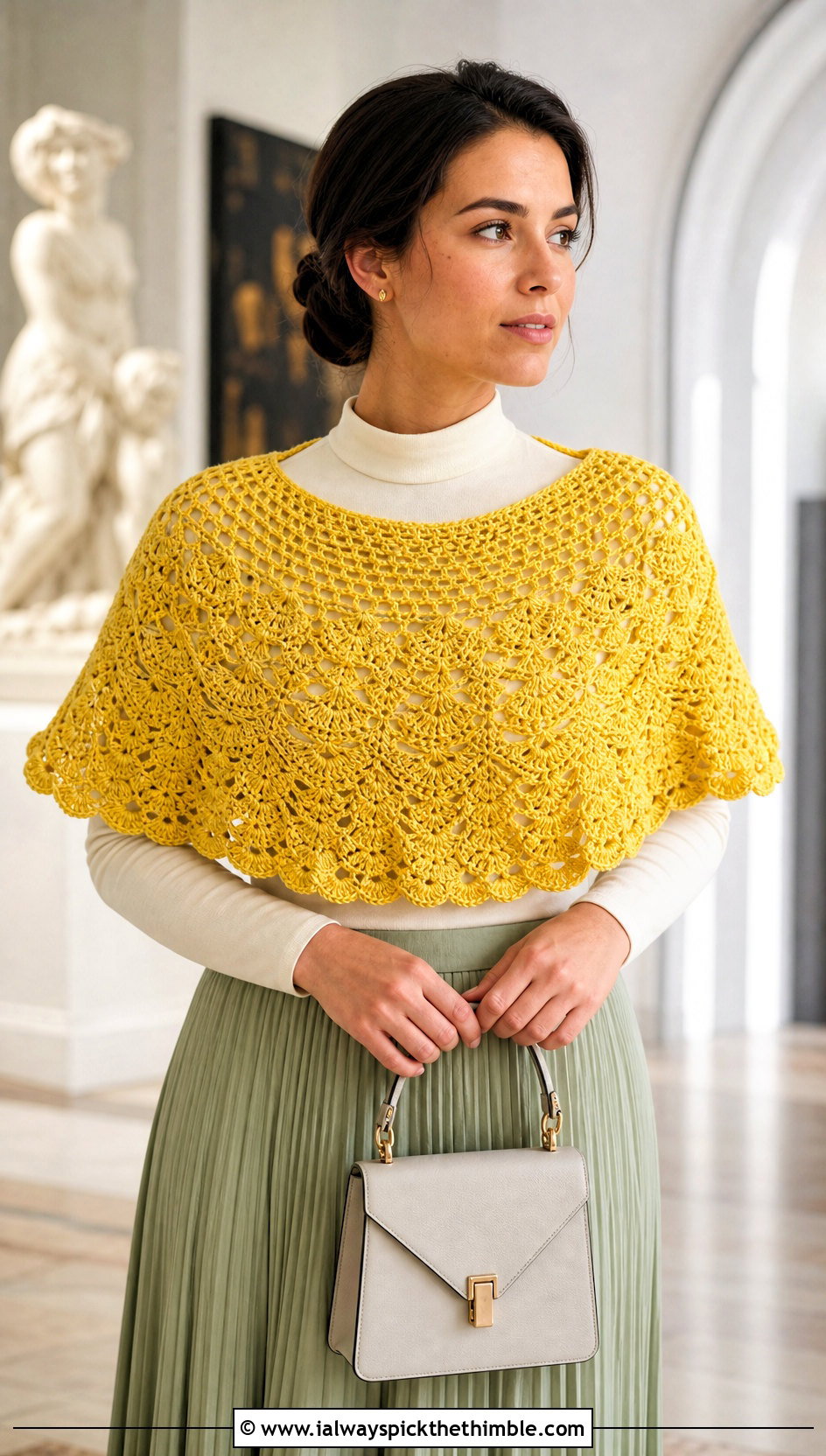 Half Circle Crochet Shawl With Pleated Midi Skirt - 20 Spring Crochet Shawl outfit ideas