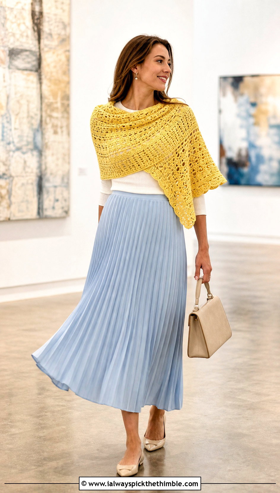 Half Circle Crochet Shawl With Pleated Skirt - 25 crochet wrap shawl outfit ideas
